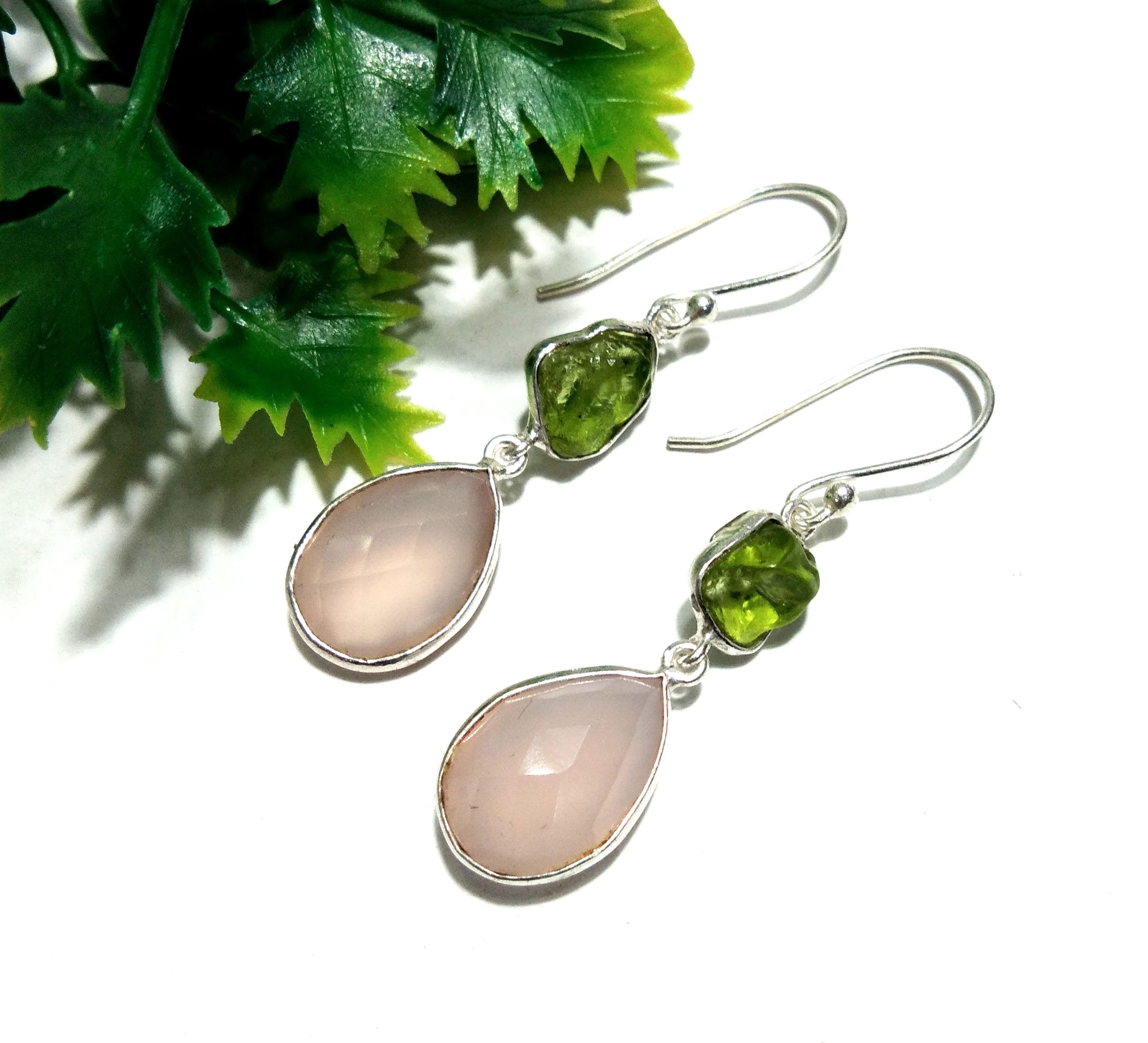 Very Beautiful Earring, 925 Sterling Silver Rose Chalcedony Peridot Raw Earring, Handmade Making Jewelry Earring, Gift For Girls & Women