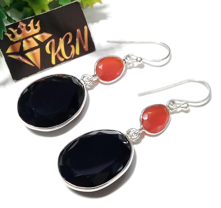 Natural Black Onyx/Carnelian Faceted Stone Earring, 925 Solid Starling Silver Earring, Beautiful Black Onyx Stone Size 19x15 mm Gift Earring