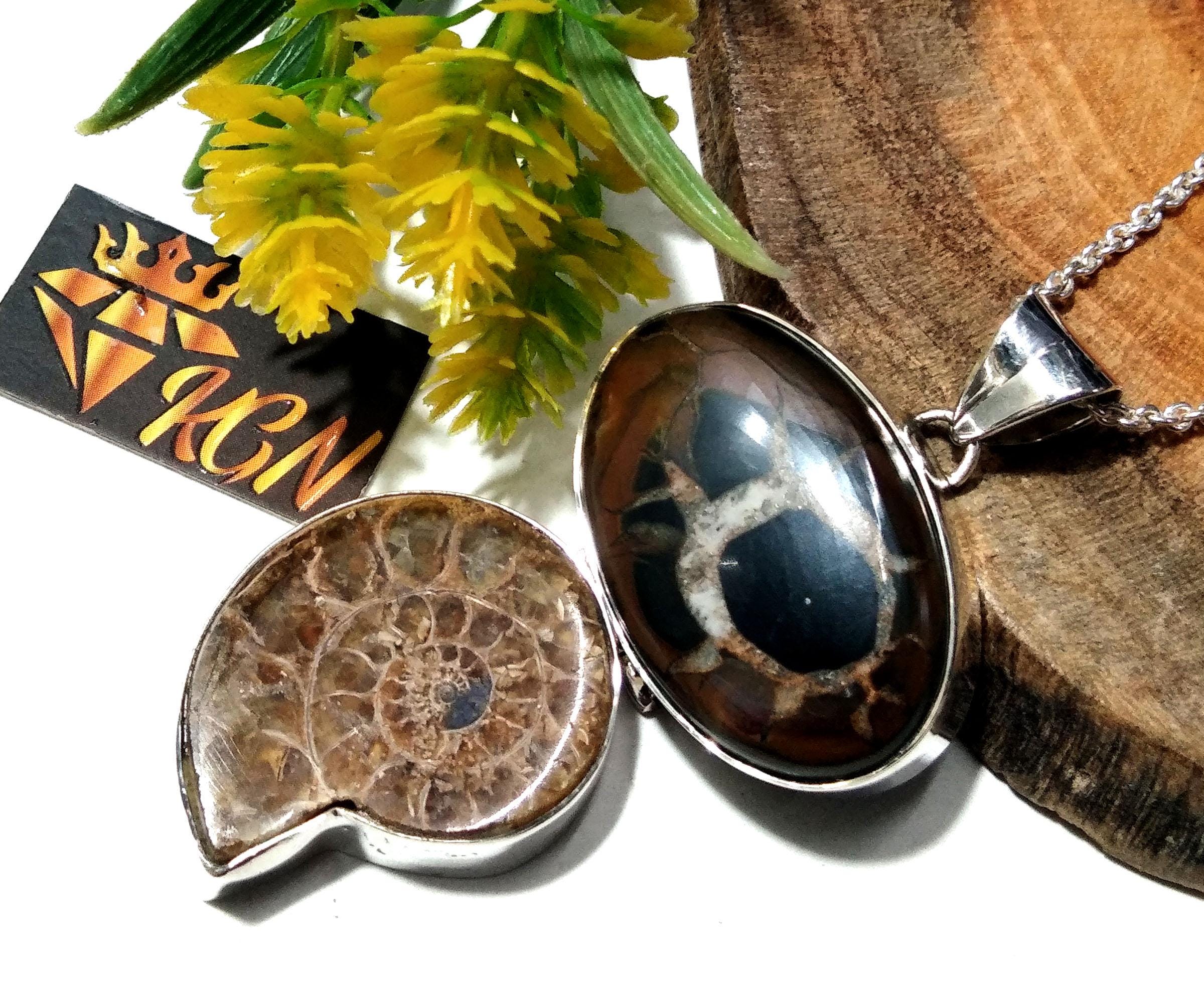 Natural Sapterian & Ammonite Gemstone Pendant Chain Necklace, 925 Silver Pendant Jewelry, Handmade Pendant Necklace, Gift Birthday Pendant