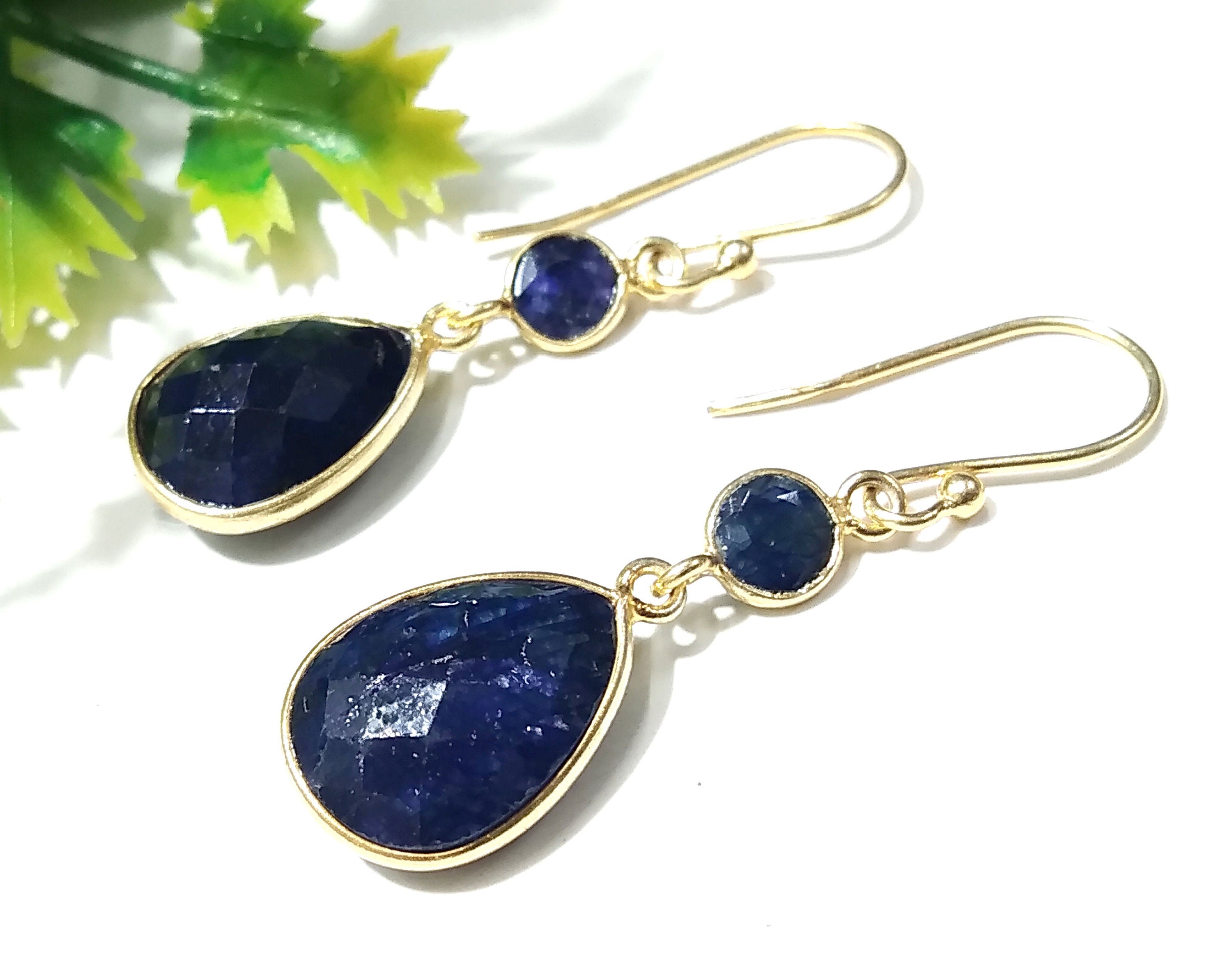 Natural Blue Sapphire Stone Earring, 925 Solid Starling Silver With Gold Plated Earring, Sapphire Stone Size 13x10 mm Gift Birthday Earring
