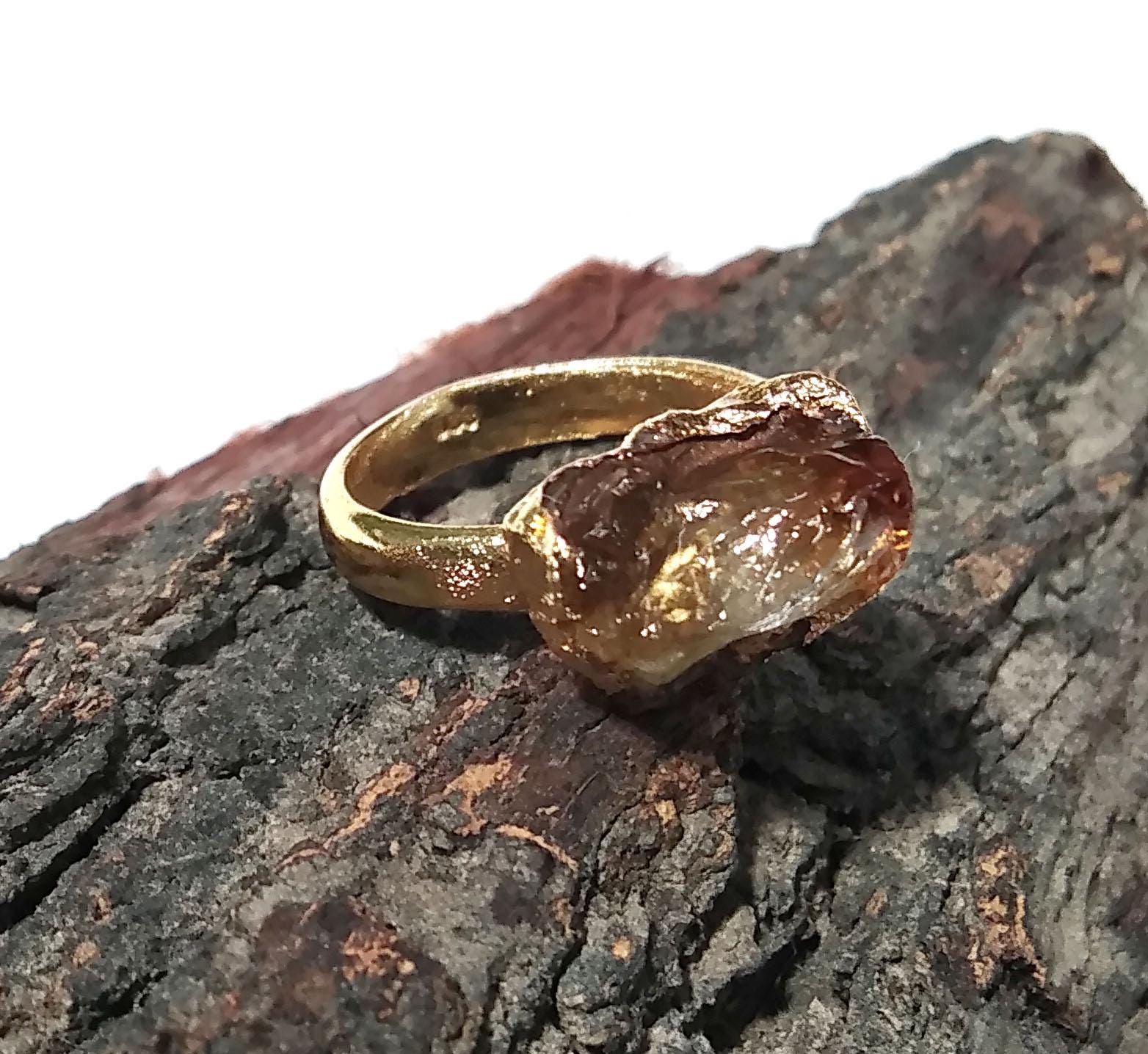 Raw Citrine Gemstone Ring, Solid 925 Sterling Silver Gold Plated Ring, Citrine Stone Size 12x9mm Handmade Rough Ring, Gift Wedding Ring