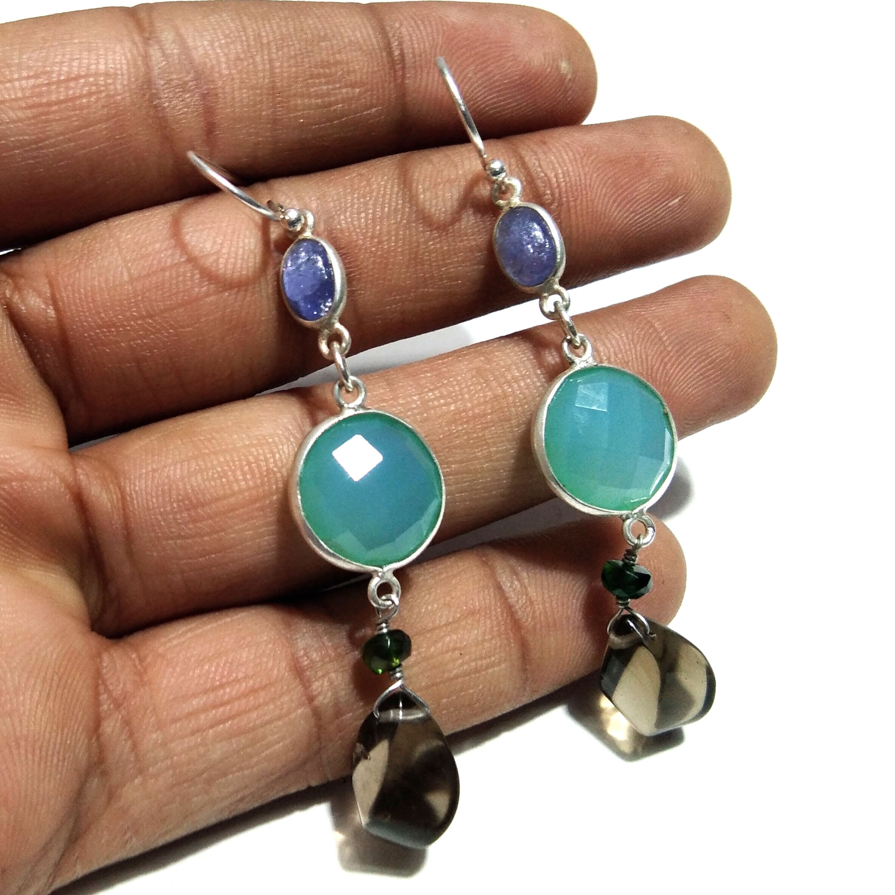 Natural Aqua Chalcedony/Smoky Quartz Earring, 925 Solid Starling Silver Earring, Chalcedony Stone Handmade Gift Women Earring Jewelry