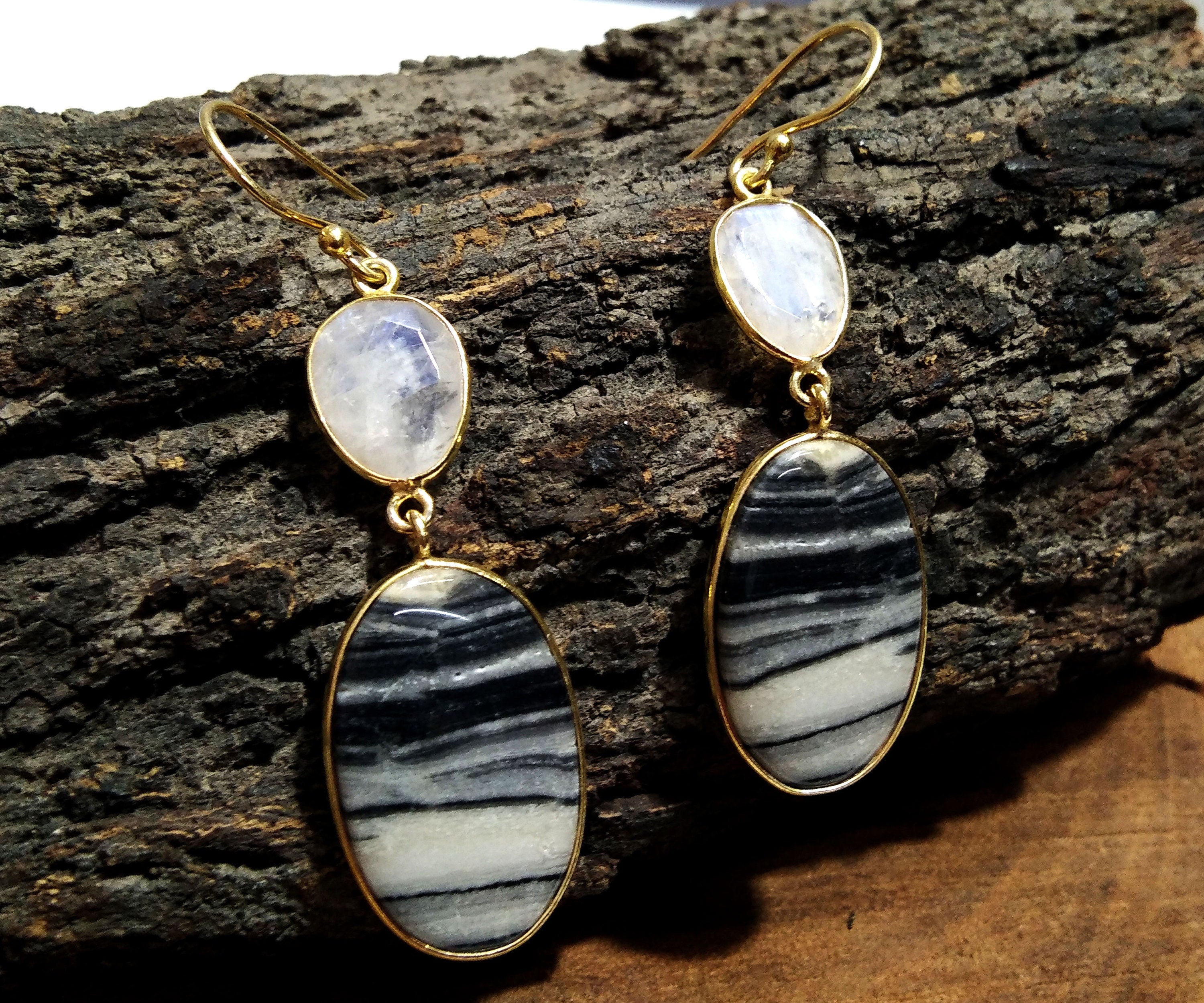 Natural Stone Zebra Jasper & Rainbow Moonstone Earring, 925 Starling Silver With Gold Plated Earring, Bezel Handmade Earring For Girls/Women