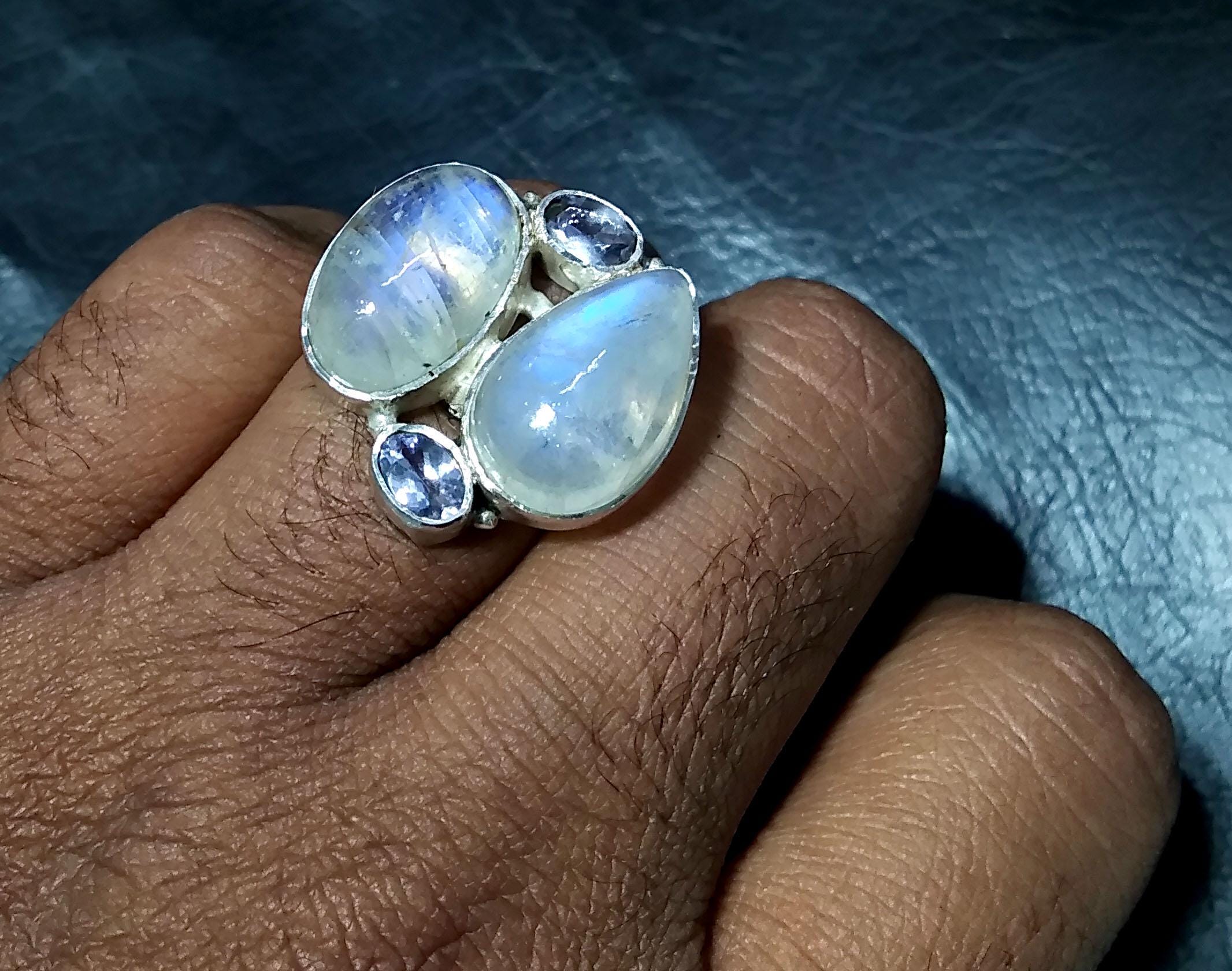 Natural Rainbow Moonstone/Tanzanite Gemstone Ring, 925 Solid Sterling Silver Ring, Stone Size 16x10 mm Handmade Gift Ring, Birthday Ring