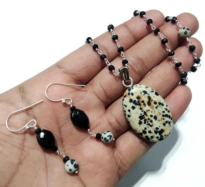 Natural Dalmatian Jasper/Black Onyx Necklace Earring Jewelry Set, 925 Sterling Silver Necklace Gemstone Necklace Statement For Gift Jewelry