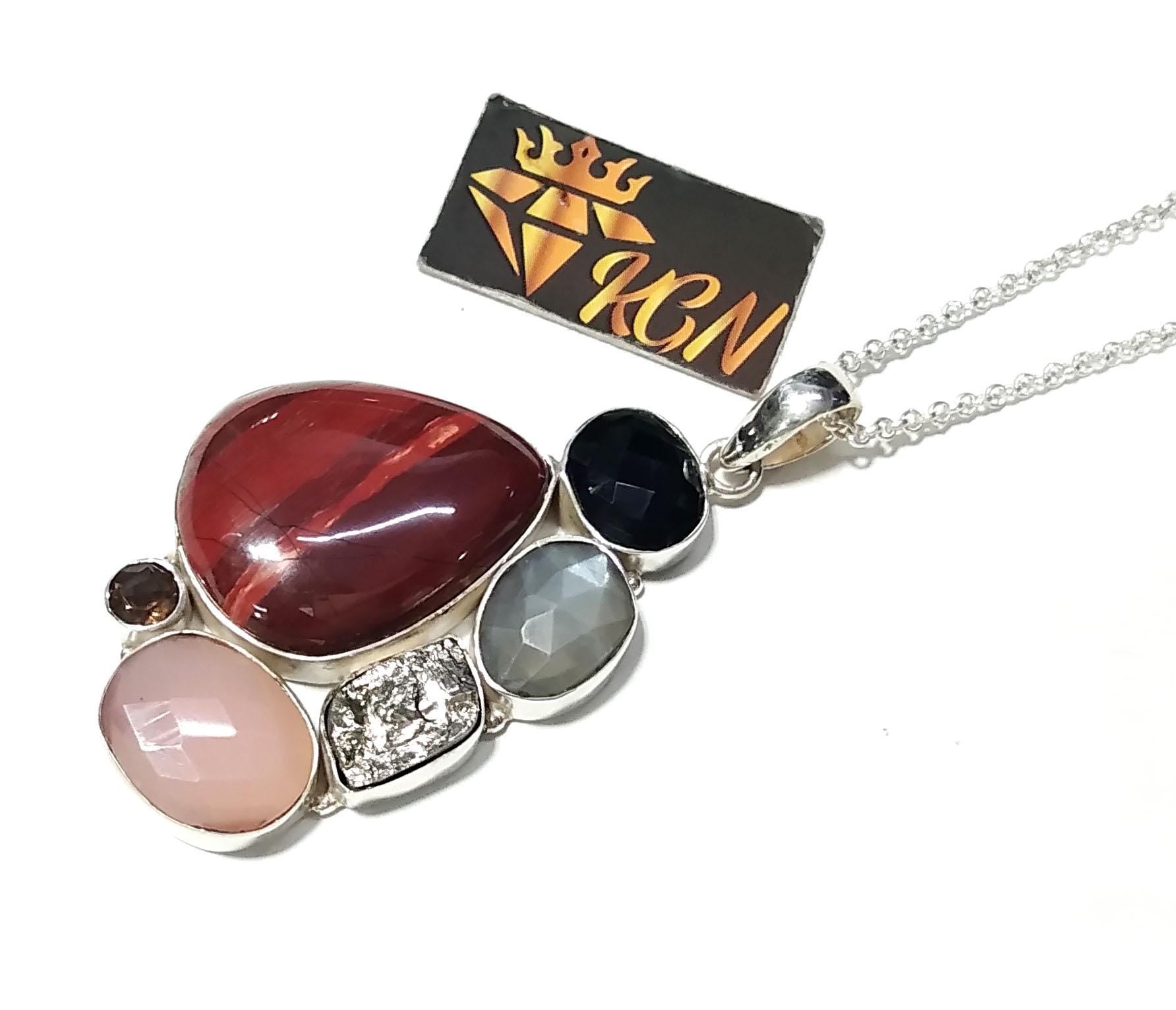 ALL Natural Gemstone Pendant, Red Jasper With Real Multi Stone Pendant, 925 Starling Silver Jewelry Pendant, Handmade Chain Necklace Pendant