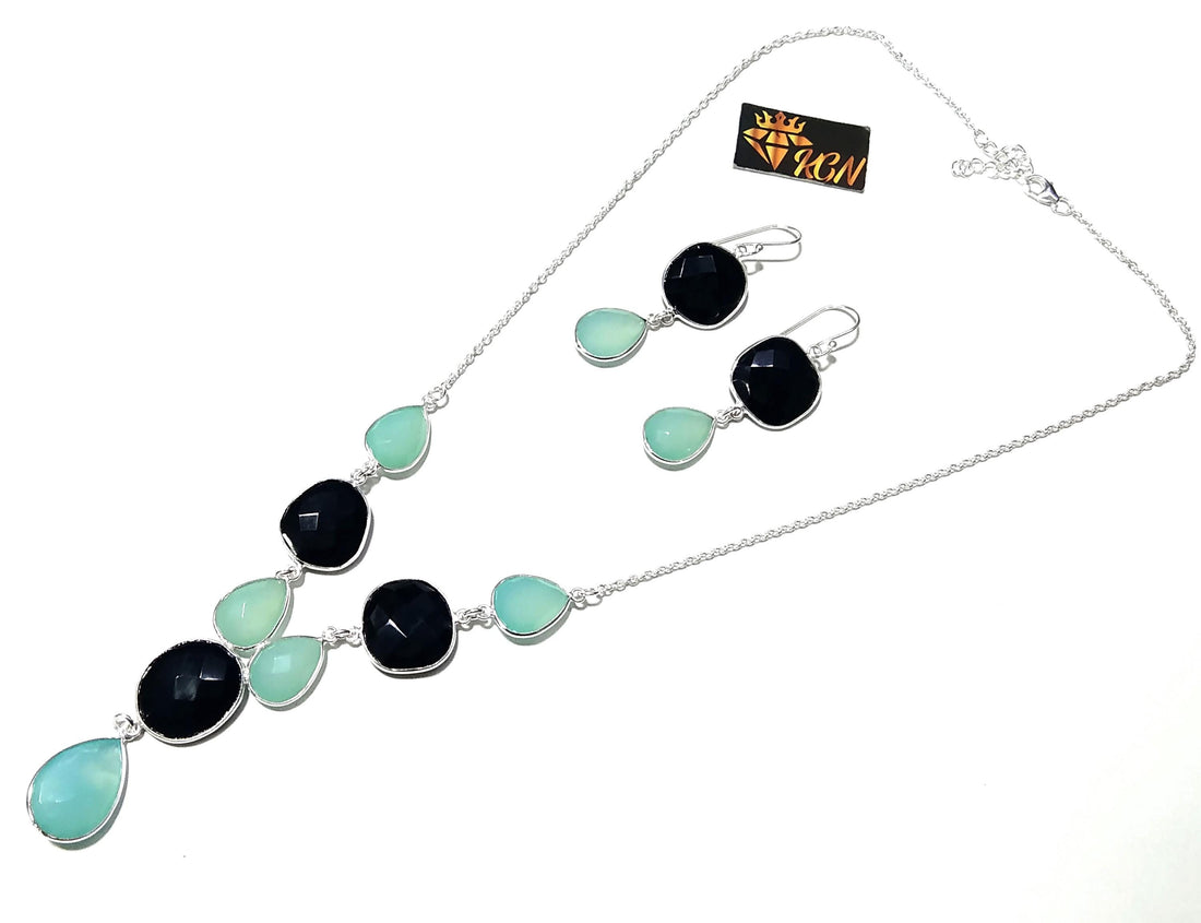 Natural Black Onyx & Chalcedony Stone Drop Earring And Necklace Jewelry Set, 925 Solid Sterling Silver Necklace Earring Jewelry Gift For Her