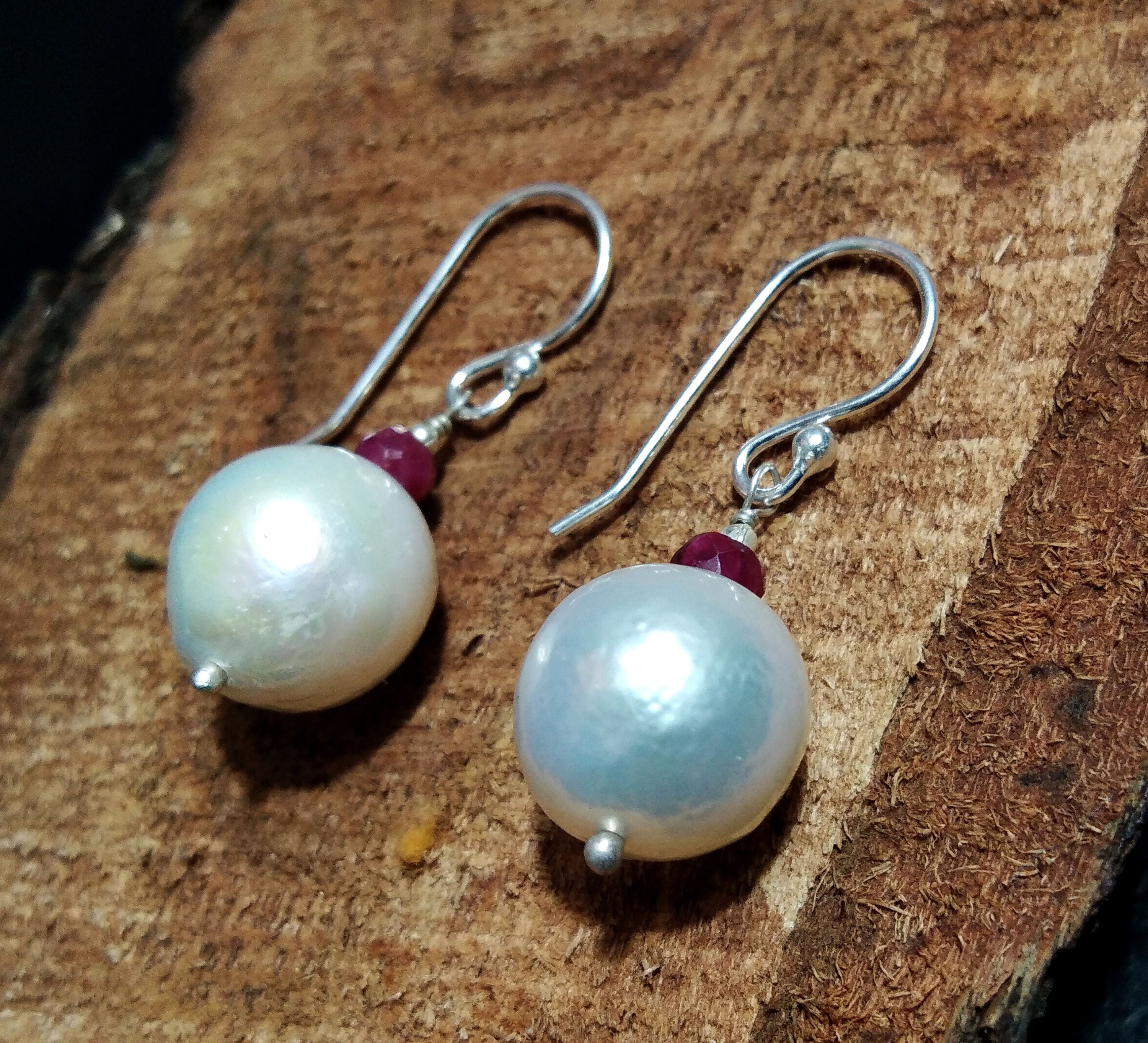 Natural South Sea Pearl Earring, Pearl & Red Ruby Earring, 925 Silver Earring, Round Shape Pearl Beautiful Earring, Girls/Women Gift Jewelry
