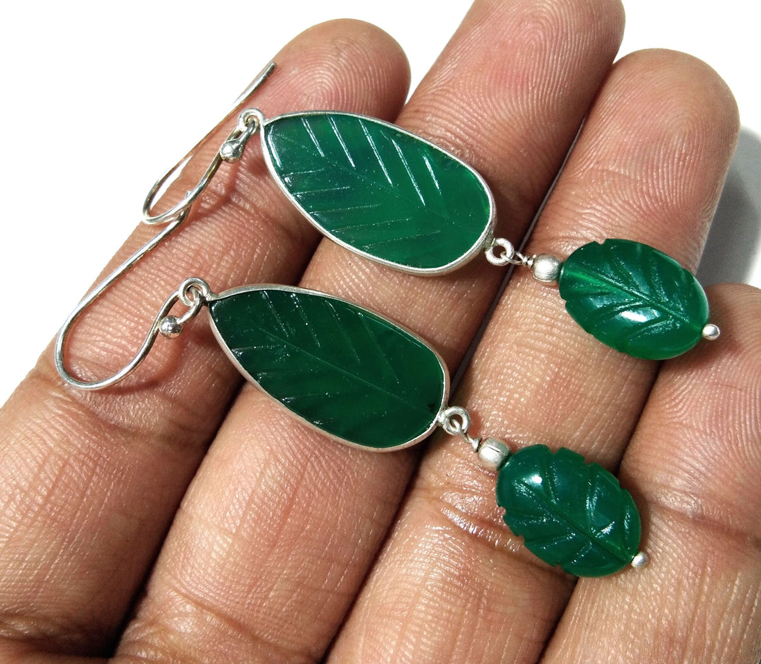Natural Green Onyx Carved Gemstone Earring, 925 Solid Starling Silver Earring, Beautiful Onyx Carved Stone Handmade Gift Birthday Earring