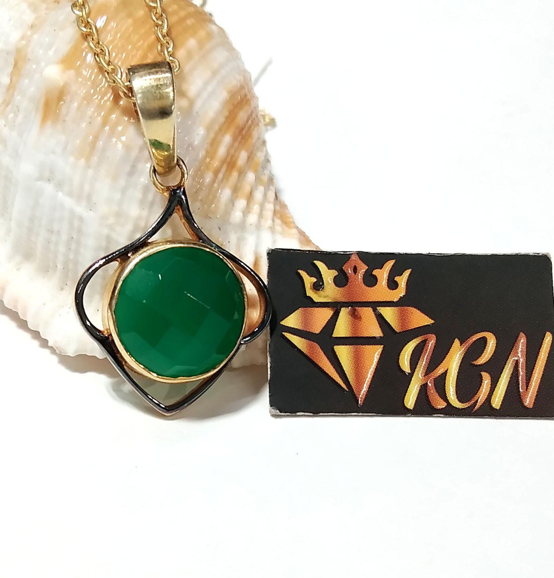 Natural Green Onyx Checker Cut Stone Chain Pendant, 925 Starling Silver Gold/Black Plated Pendant Jewelry Round Shape Gift Easter Pendant