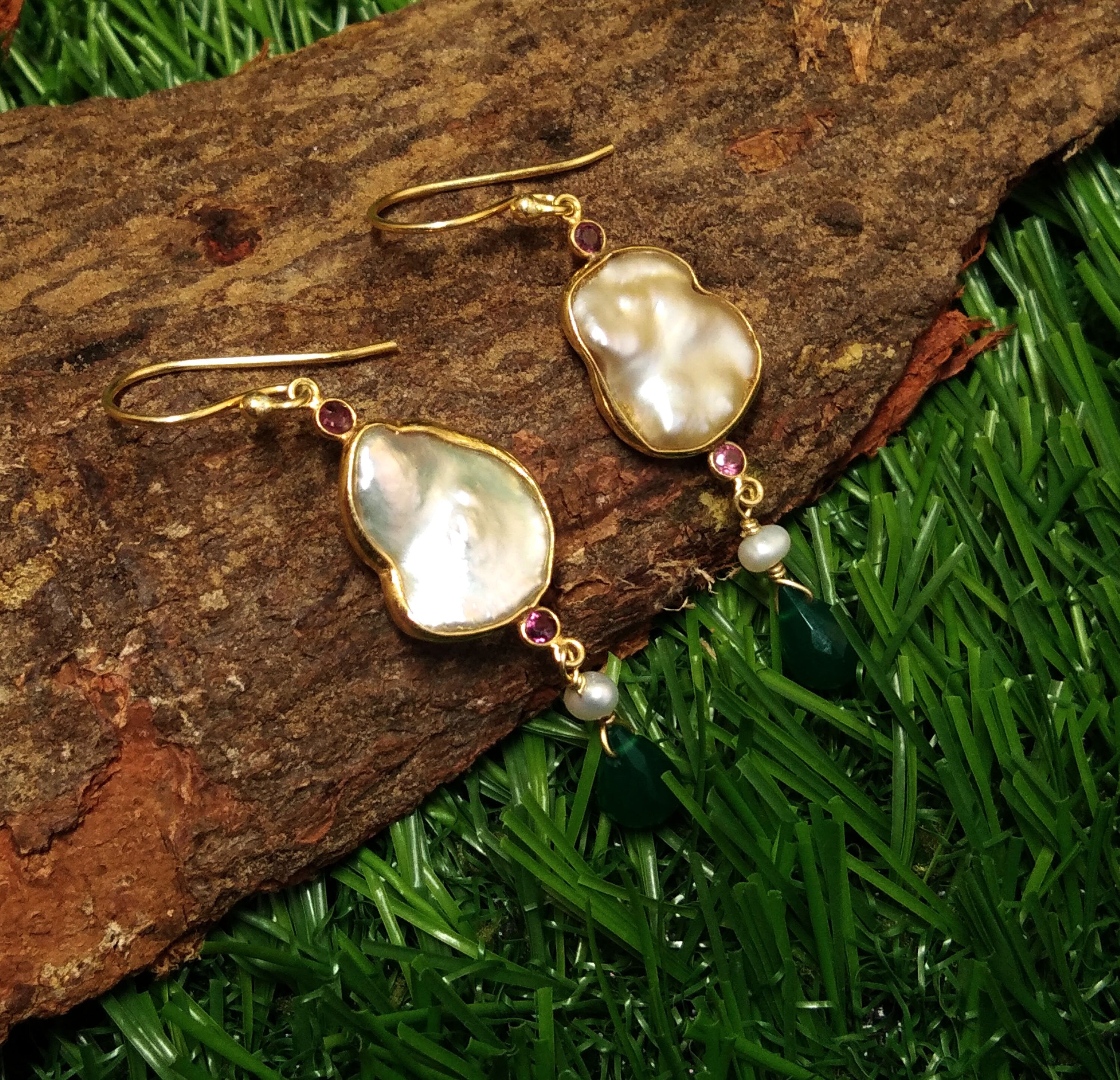 Natural Fresh Water Baroque Pearl/Green Onyx Stone Drop Earring, 925 Solid Starling Silver Gold Plated Earring, Stone Size 16x12 mm Earring