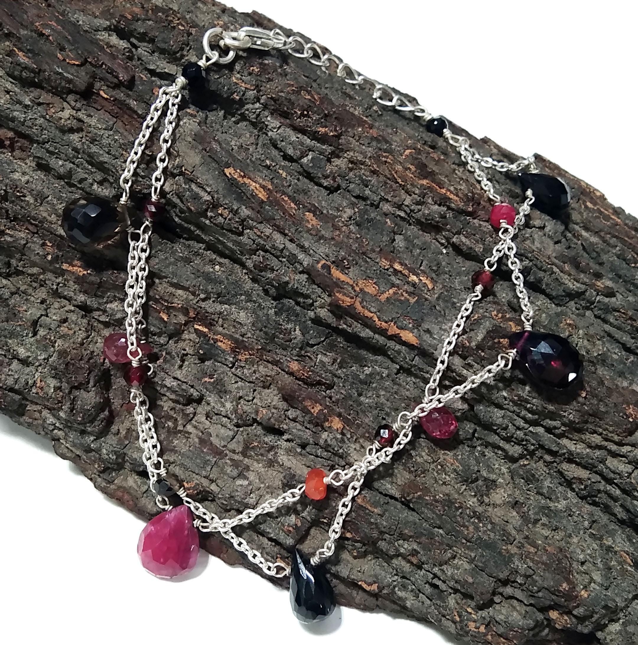 Red Ruby And Smoky Quartz Stone Bracelet, 925 Sterling Silver Bracelet, Natural Ruby,Smoky Adjustable Bracelet, 8 inches Gift Valentine day