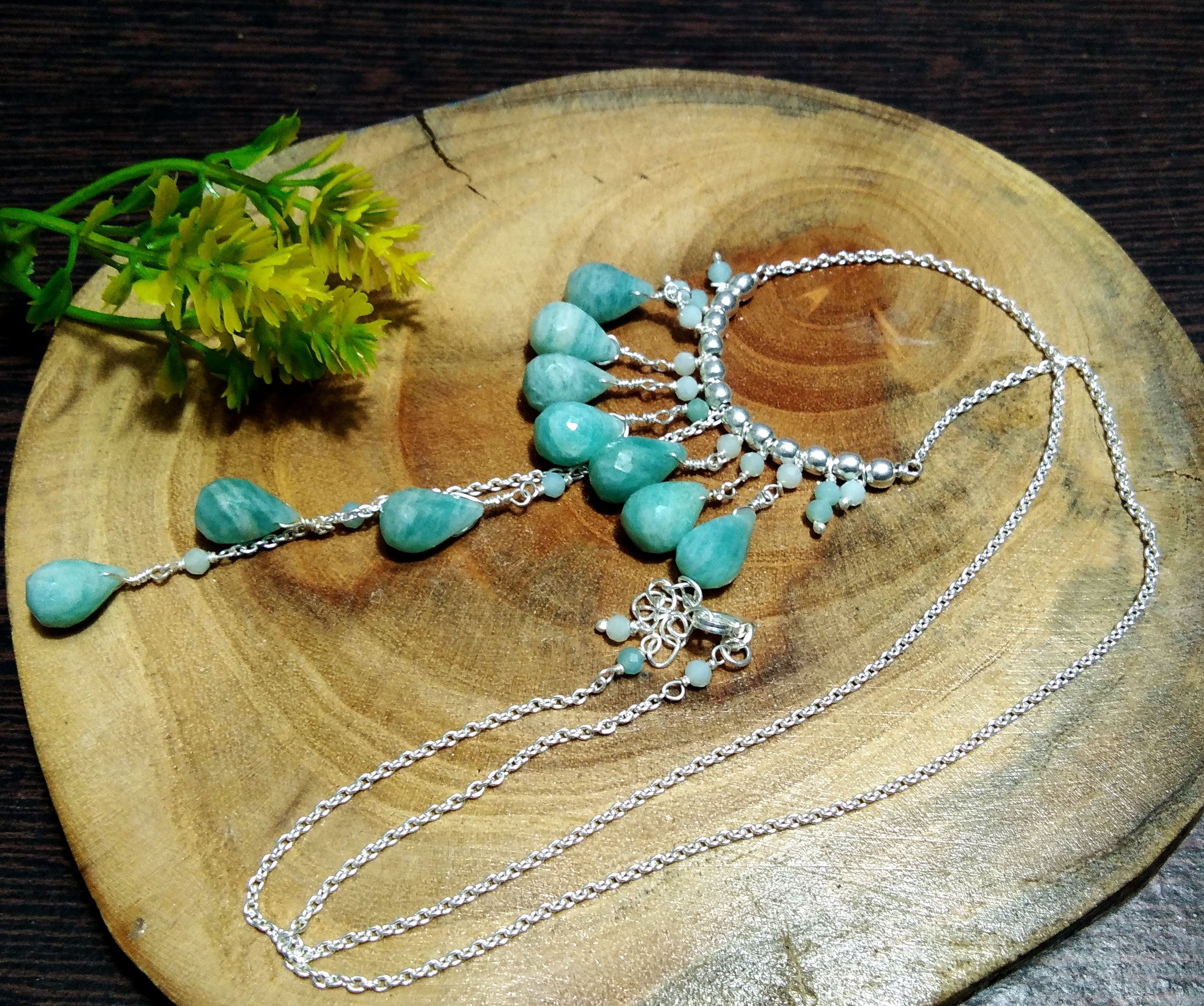 Natural Amazonite Drop's Gemstone Chain Necklace Jewelry, 925 Starling Silver Chain Necklace, Amazonite Stone Necklace, For Girls & Women
