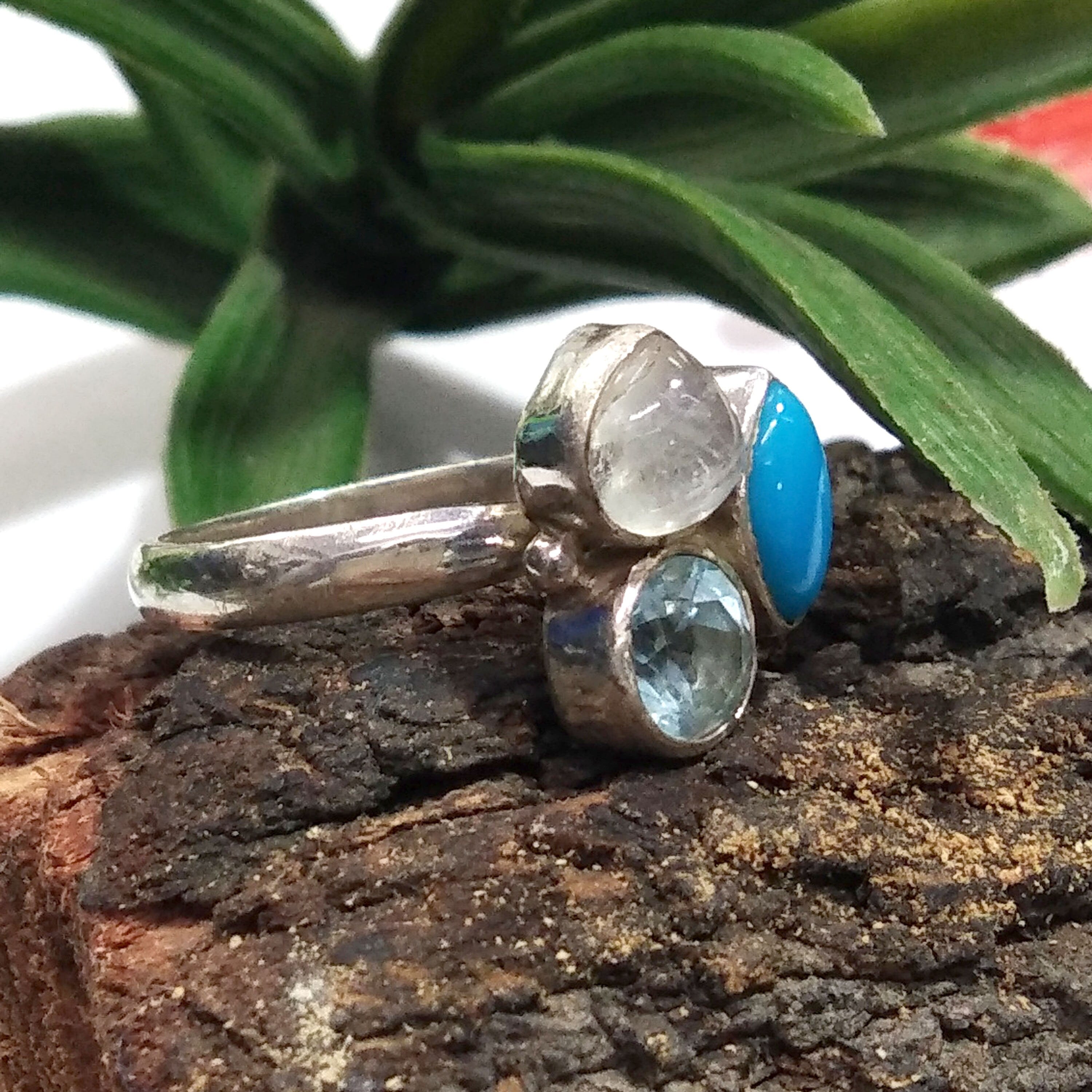 Natural Turquoise, Aquamarine, Moonstone Gemstone Ring, 925 Solid Starling Silver Ring, Stone Size Mix Handmade Birthstone Ring Gift For Her