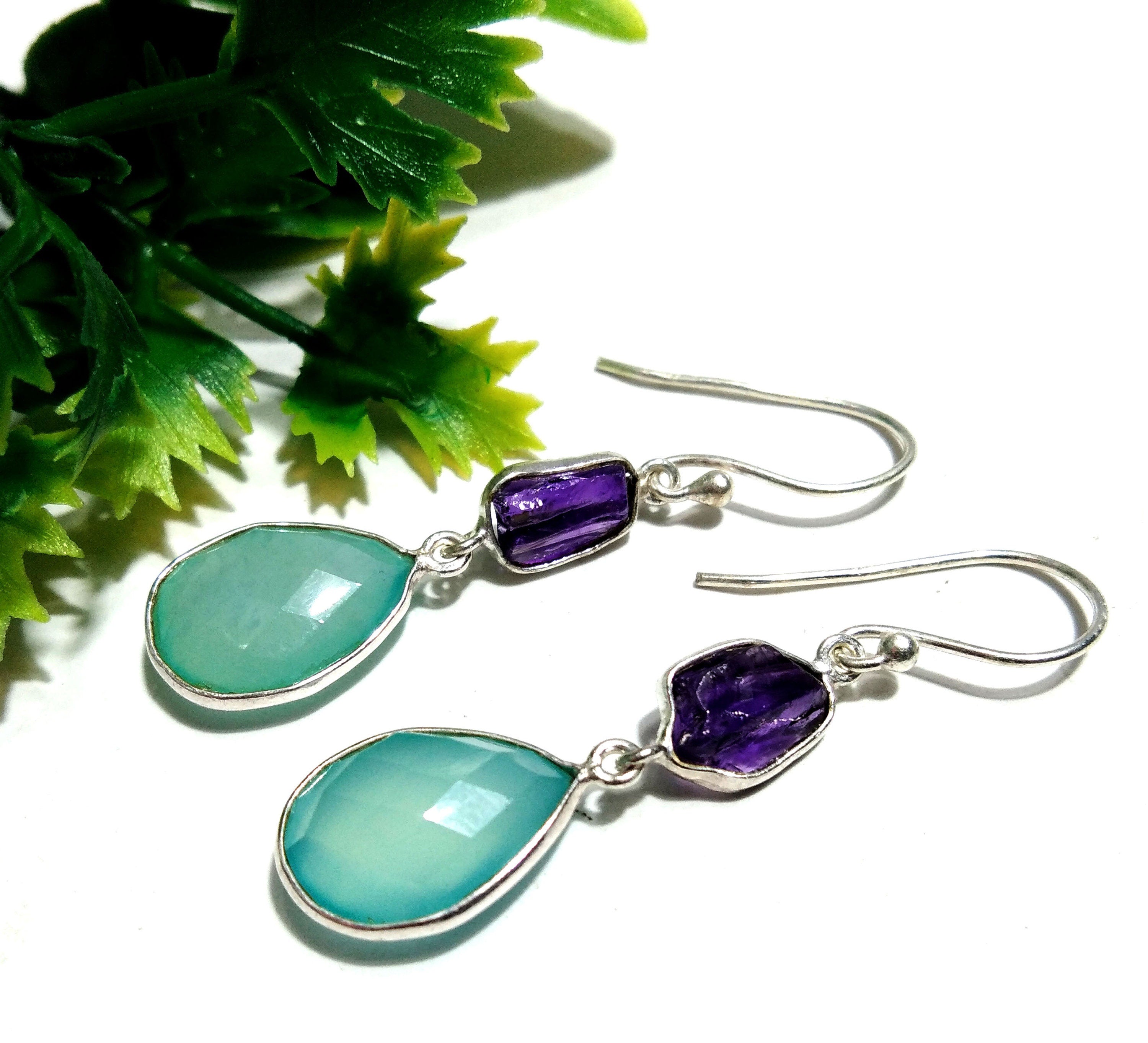 Natural Aqua Chalcedony, Amethyst Raw Stone Earring, 925 Sterling Silver Earrings, Handmade Making Jewelry Earring, Gift For Girls & Women.