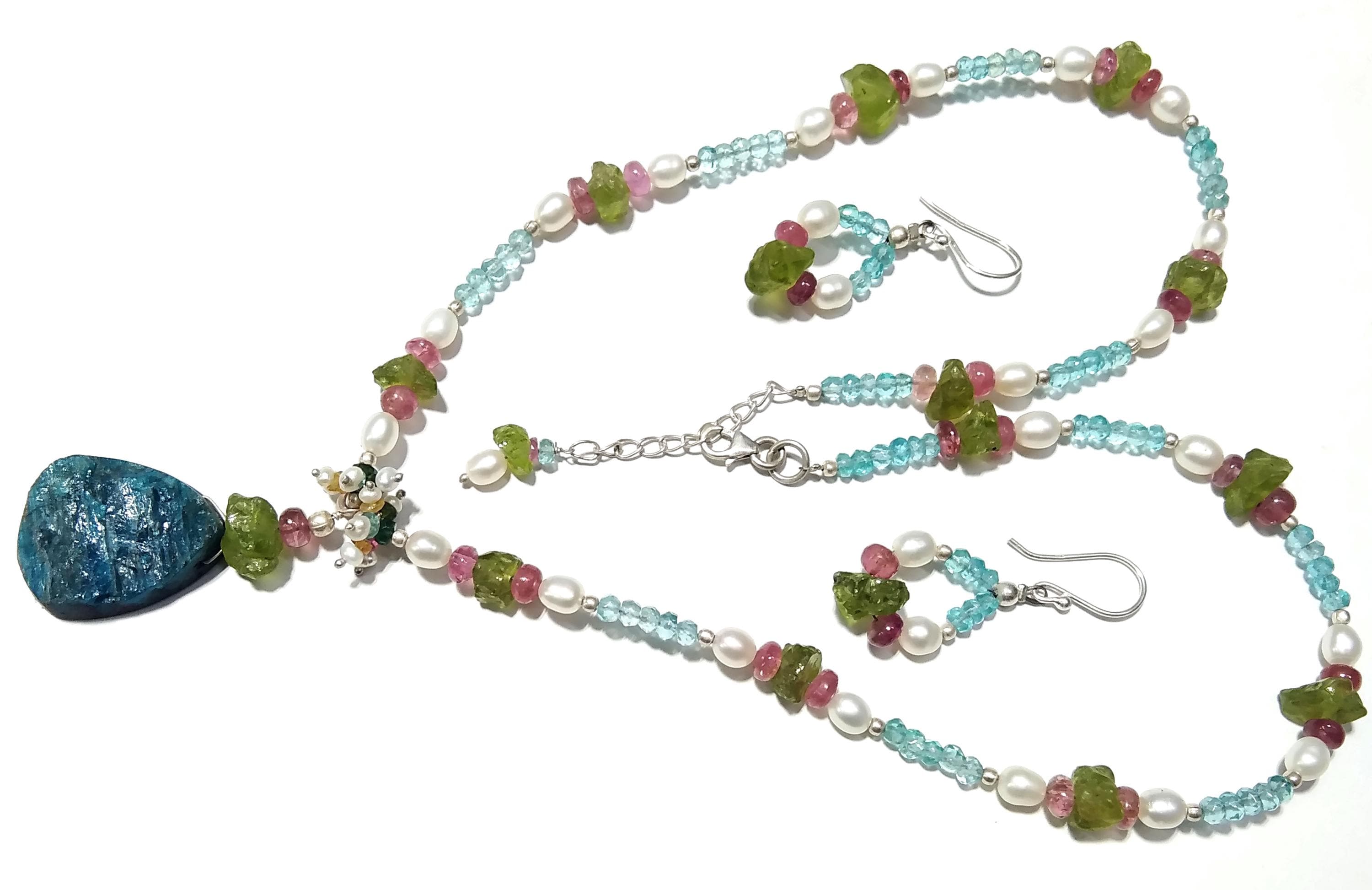 Natural Apatite Druzy/ Pearl/Peridot Rough Stone Beads Necklace Set Jewelry, 925 Sterling Silver Necklace Beaded Necklace Statement Jewelry