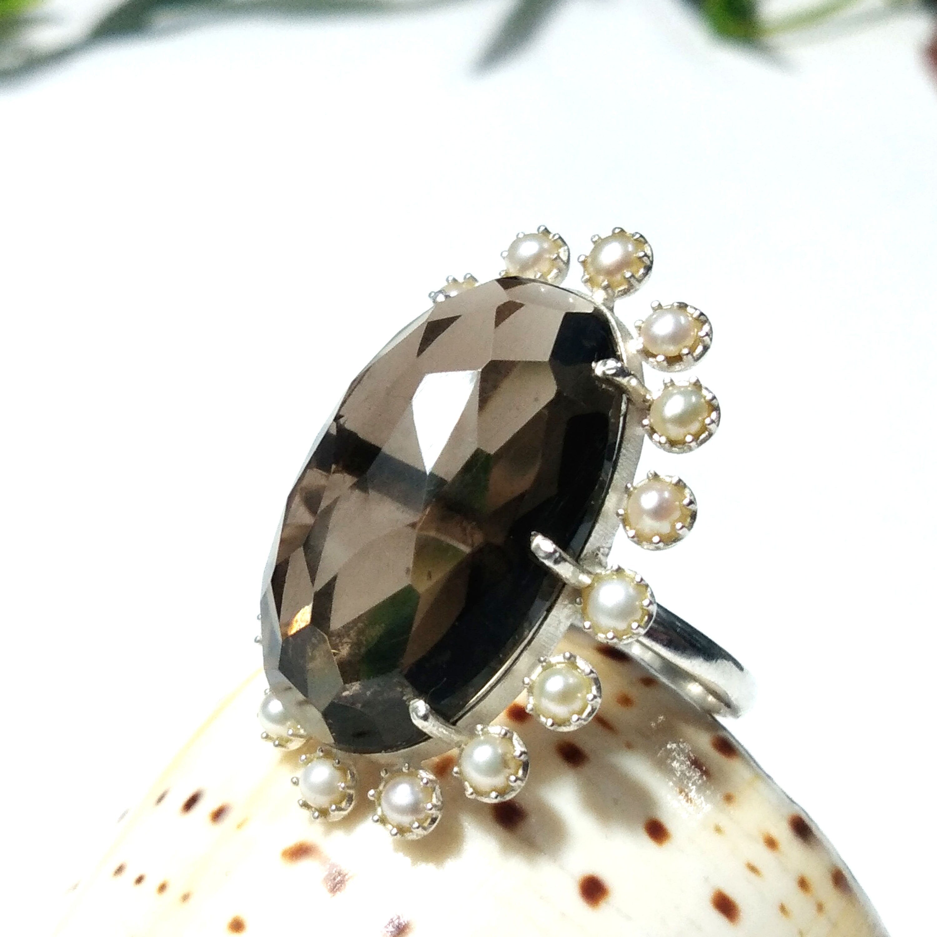 Natural Smoky Quartz,Freshwater Pearl Gemstone Ring, 925 Solid Starling Silver Ring, Jewelry Stone Size 24x14mm Statement Ring Birthday Ring