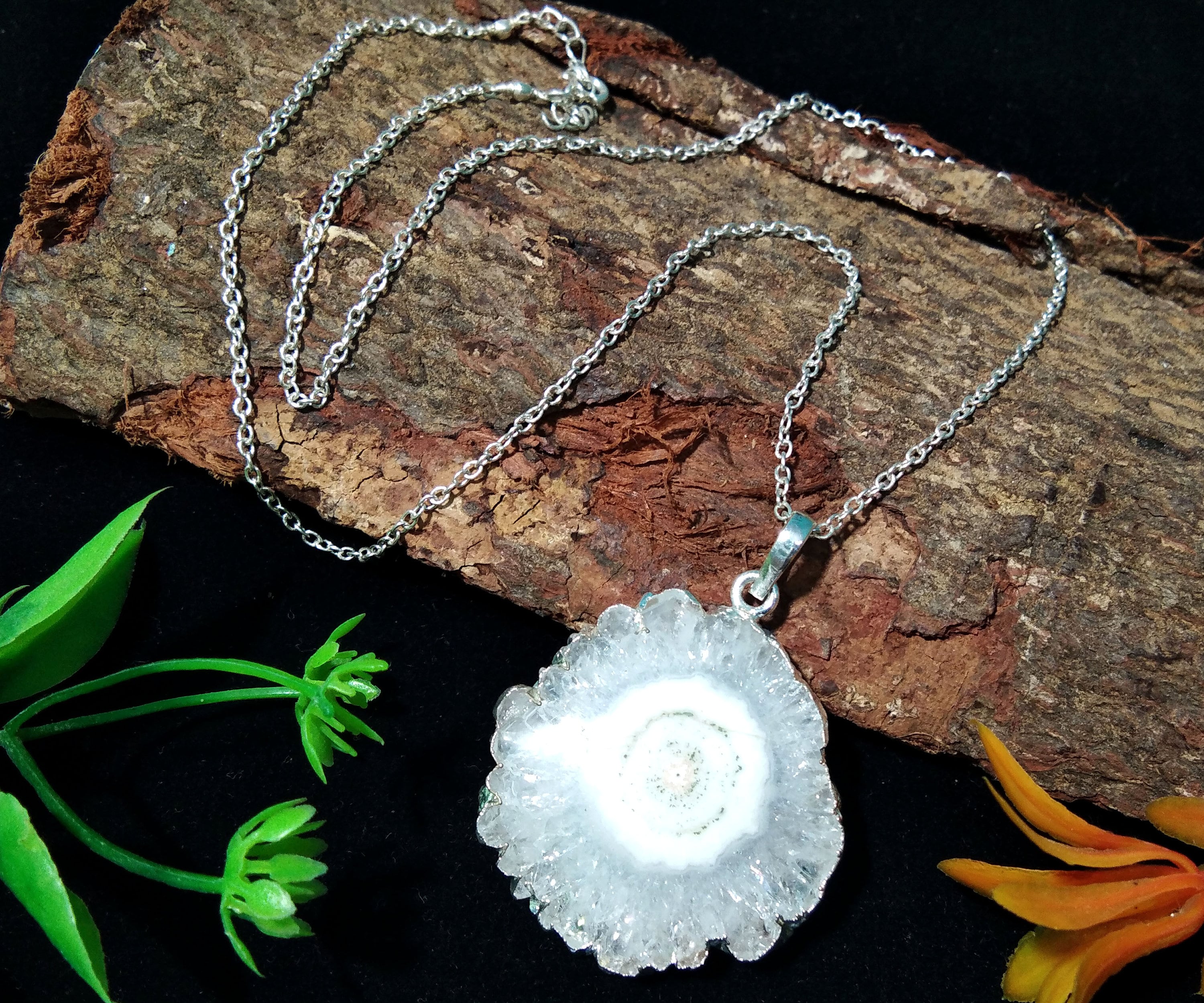 Natural Solar Quartz Stone Pendant Necklace, 925 Sterling Silver With Solar Quartz Slice Pendant Chain Necklace, Beautiful Stylish Jewelry