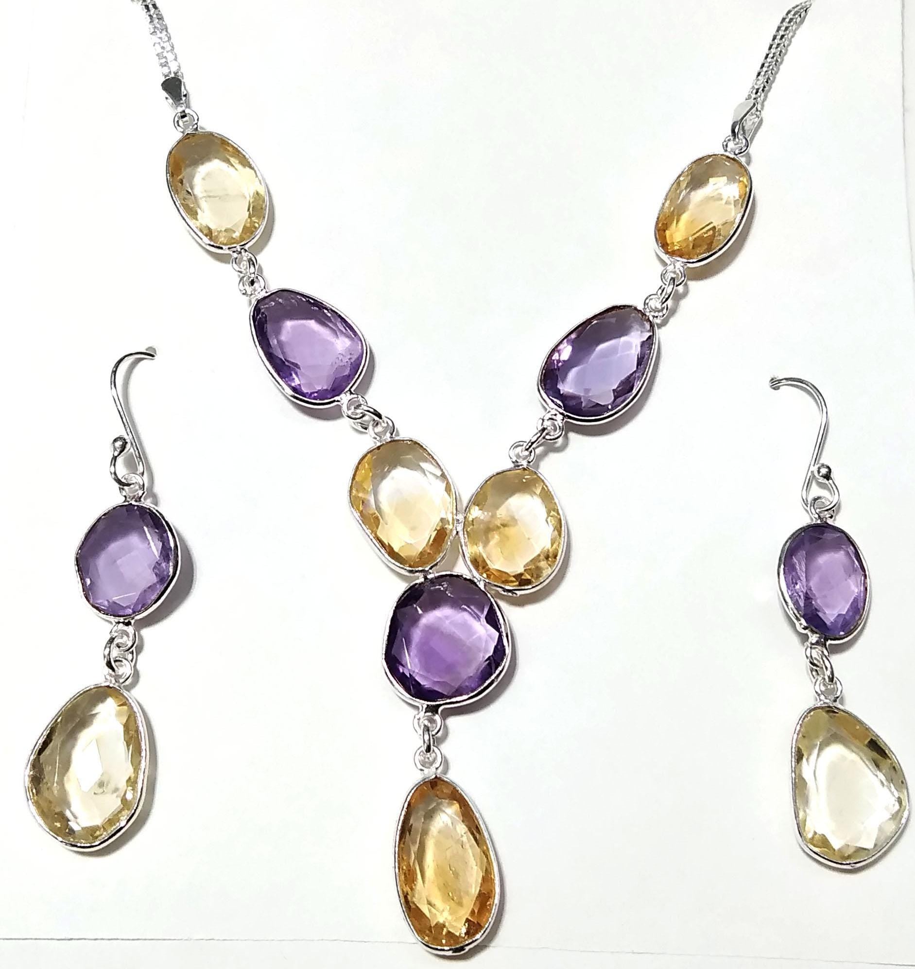 Natural Amethyst/Citrine Necklace Earring Jewelry Set, 925 Solid Sterling Silver Chain Necklace Earring Jewelry Gift For Girls & Women