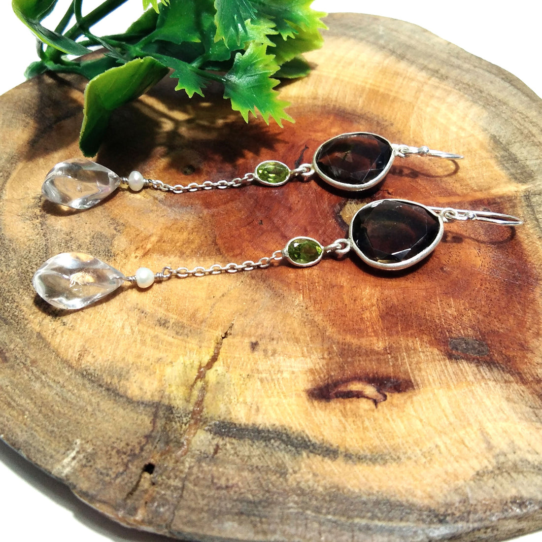 Natural Smoky Quartz/Crystal Quartz Earring, 925 Solid Starling Silver Earring Crystal Quartz Stone, Handmade Gift Women Earring Jewelry