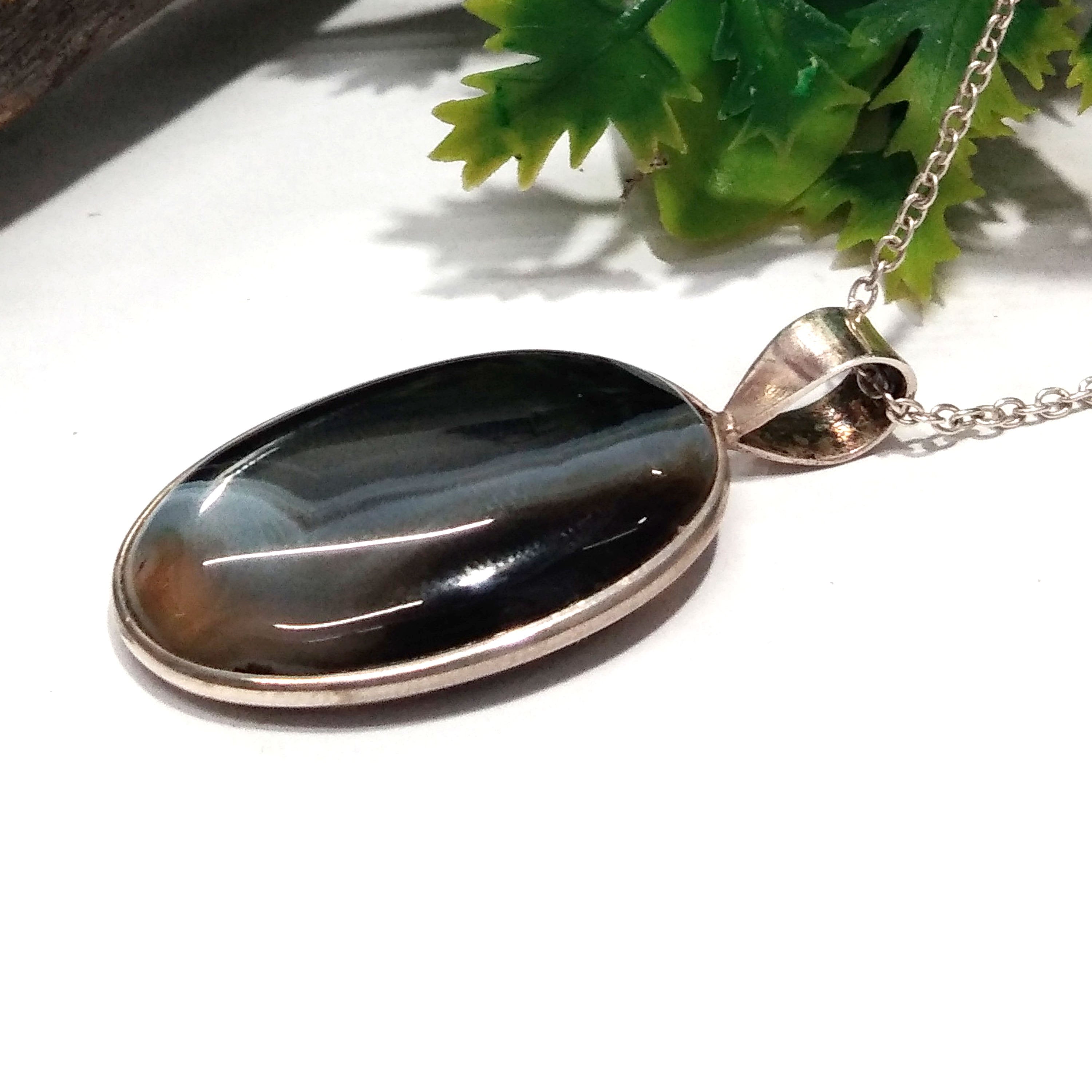Genuine Black Banded Agate Pendant, 925 Starling Silver Pendant Chain Necklace, Black Banded Agate Gemstone Necklace, Handmade Gift Pendant