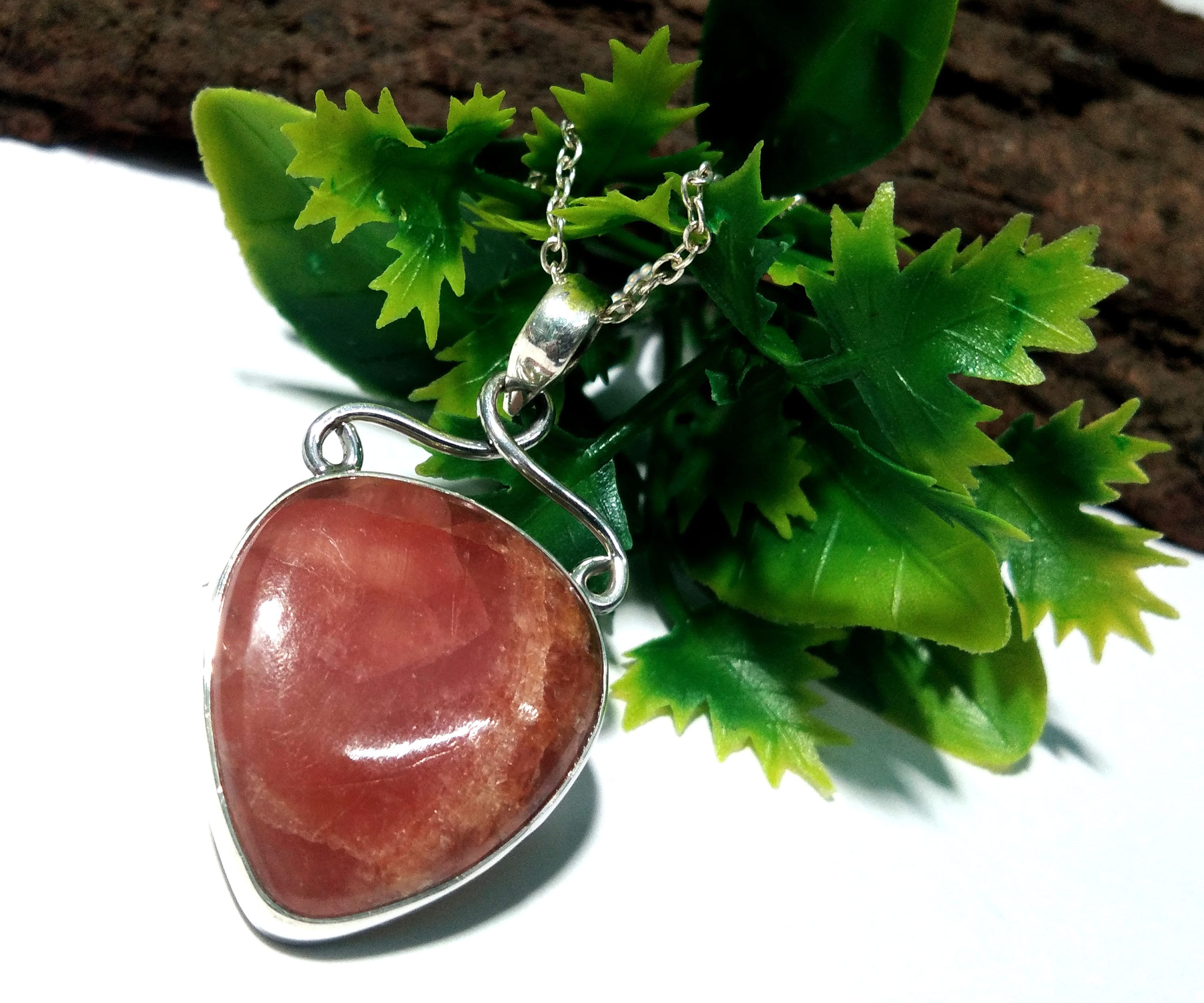 Natural Rhodochrosite Gemstone Pendant Chain Necklace, 925 Starling Silver Pendant Jewelry Heart Shape For Gift Easter Chain Pendant