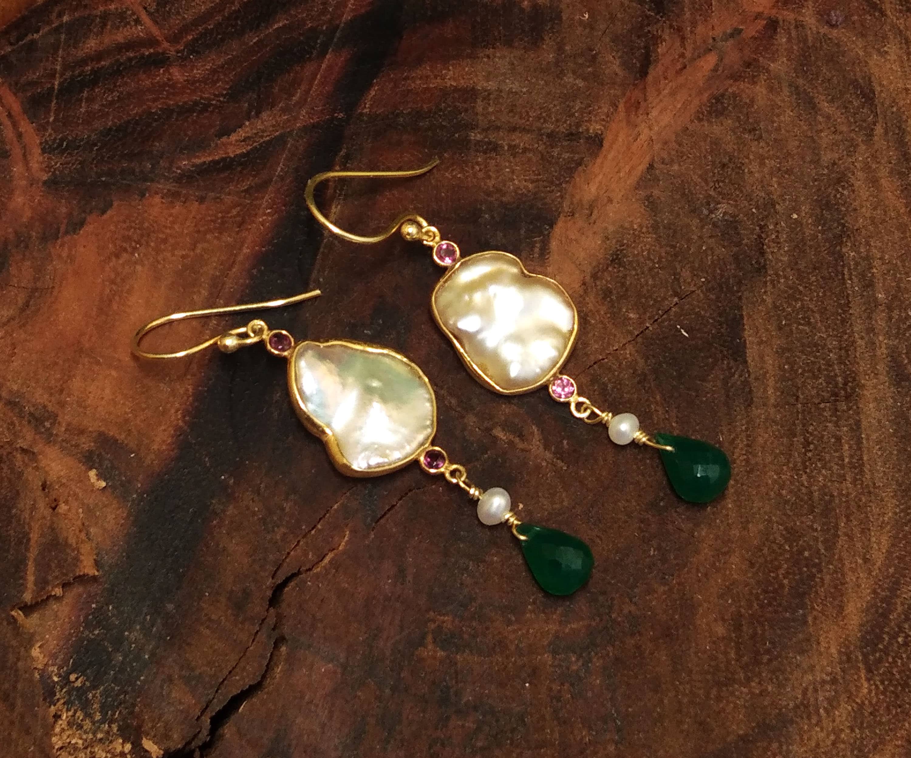 Natural Fresh Water Baroque Pearl/Green Onyx Stone Drop Earring, 925 Solid Starling Silver Gold Plated Earring, Stone Size 16x12 mm Earring