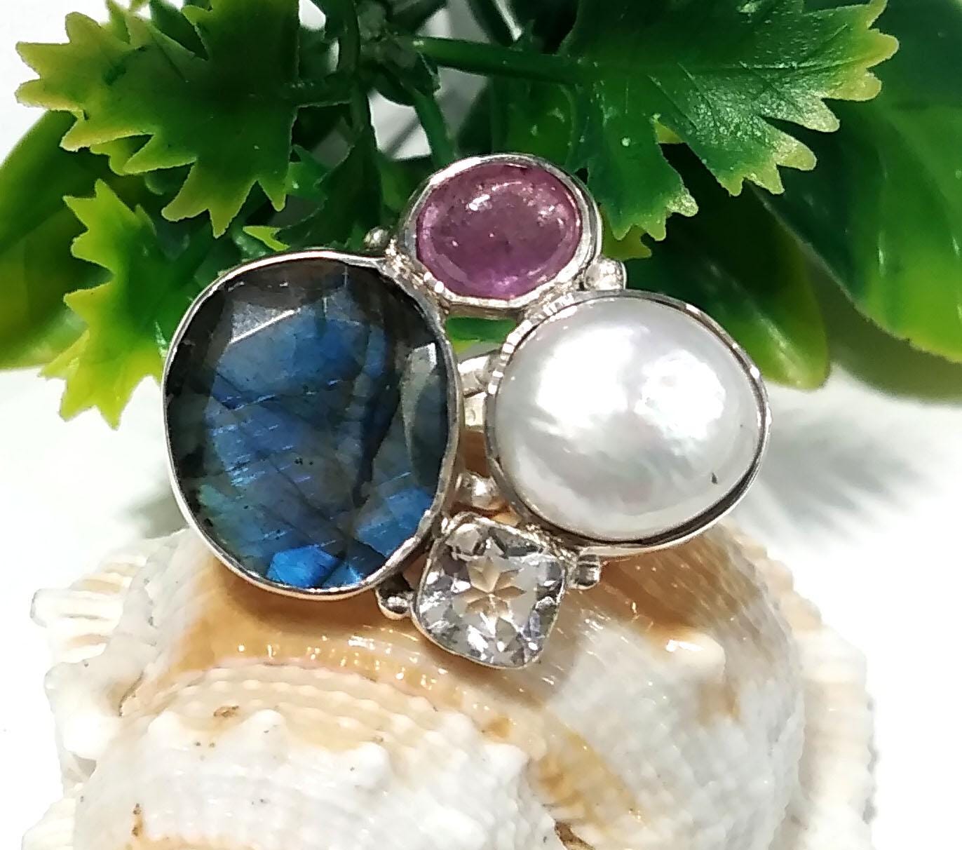 All Natural Gemstone Rings, Freshwater Pearl, Labradorite, Ruby & White Topaz Ring, 925 Starling Silver Ring, Handmade Silver Ring Jewelry