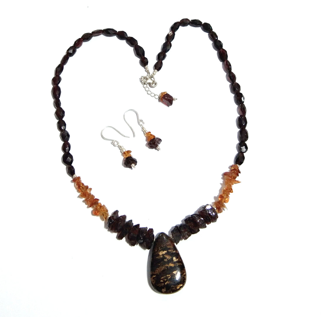 Natural Bronzite/Red Garnet Raw Gemstone Bead Necklace Set, 925 Sterling Silver Jewelry, Necklace/Earring Beaded Set's For Gift Jewelry