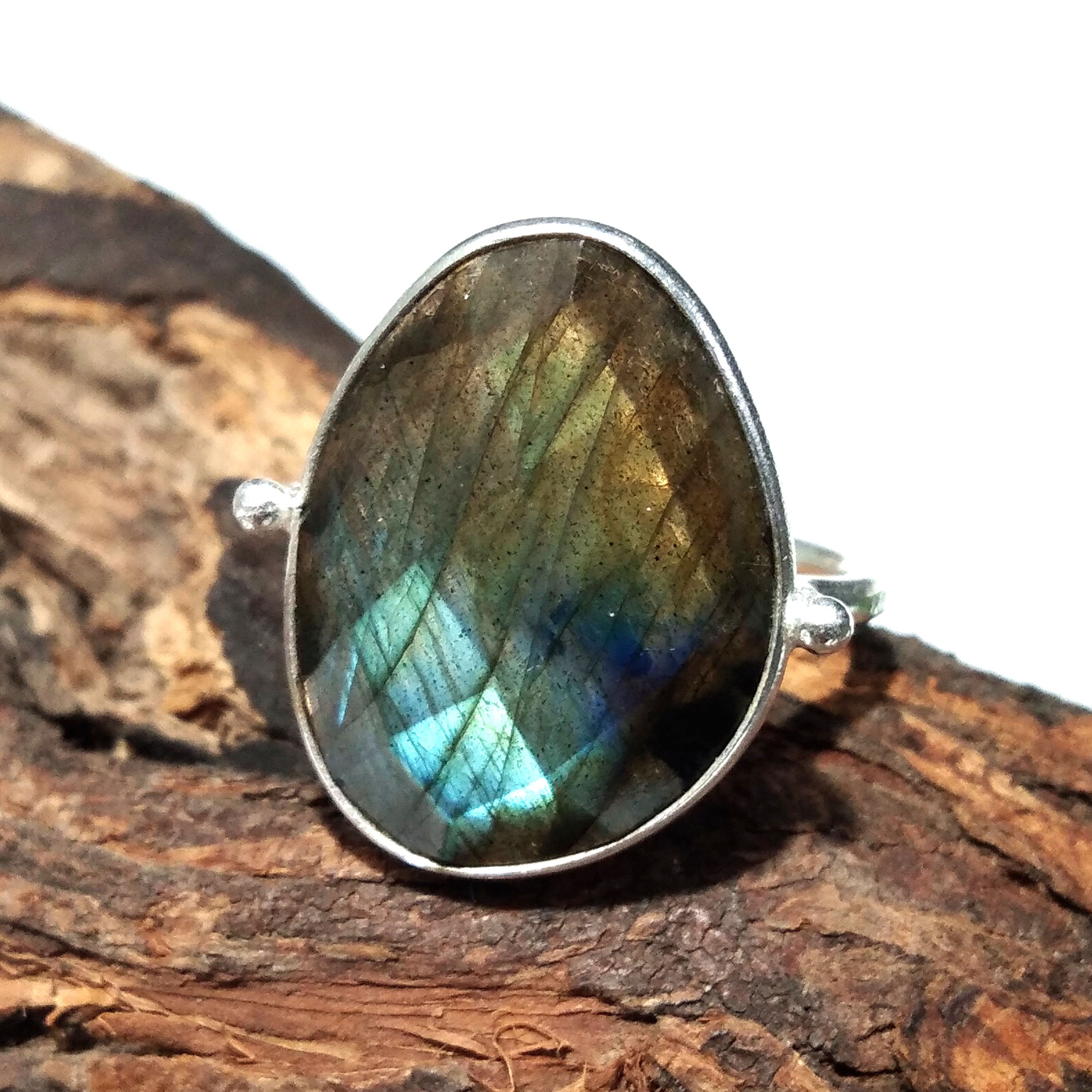 Natural Labradorite Checker Cut Stone Ring, 925 Starling Silver Ring, Stone Size 20x15 mm Green Fire Labradorite Ring, Gift Birthday Ring
