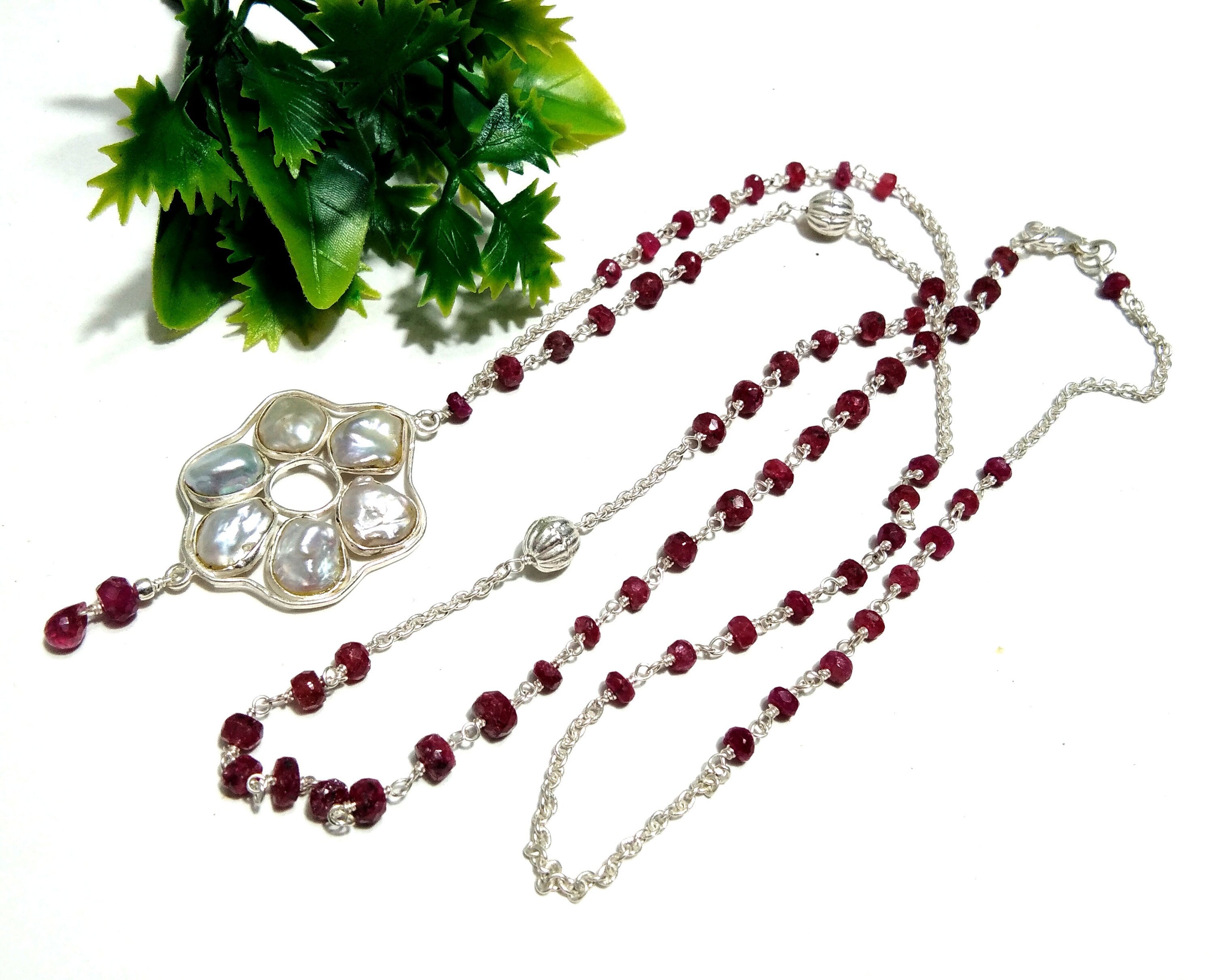 Log Chain Necklace, Natural Baroque Pearl & Red Ruby Necklace, 925 Starling Silver Log Chain Necklace,36''Inches Adjuster Chain Necklace