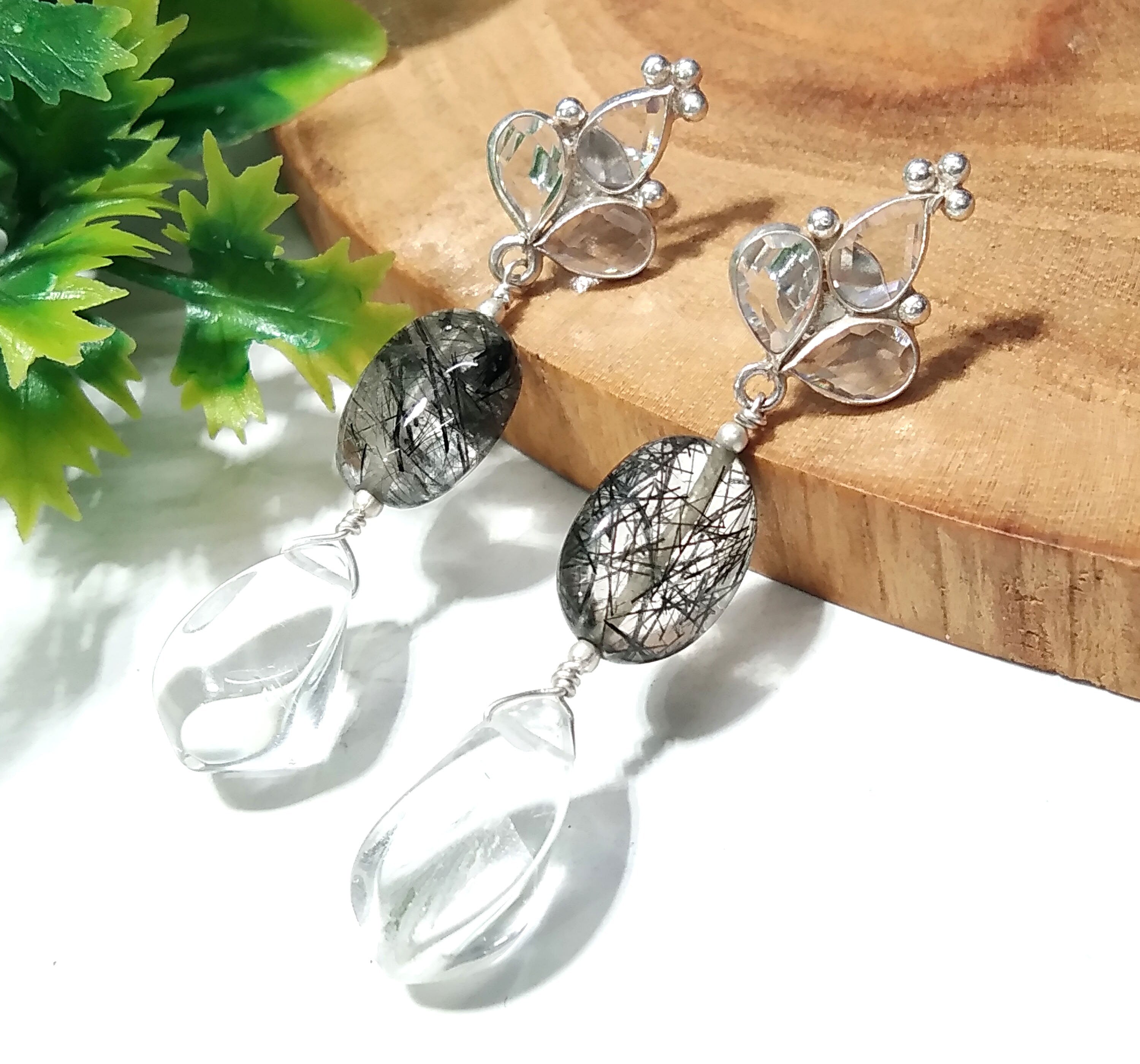 Rutile Quartz/Zircon And Crystal Gemstone Earrings ! 925 Silver With Natural Gemstone Zircon Faceted & Rutile Quartz Earring