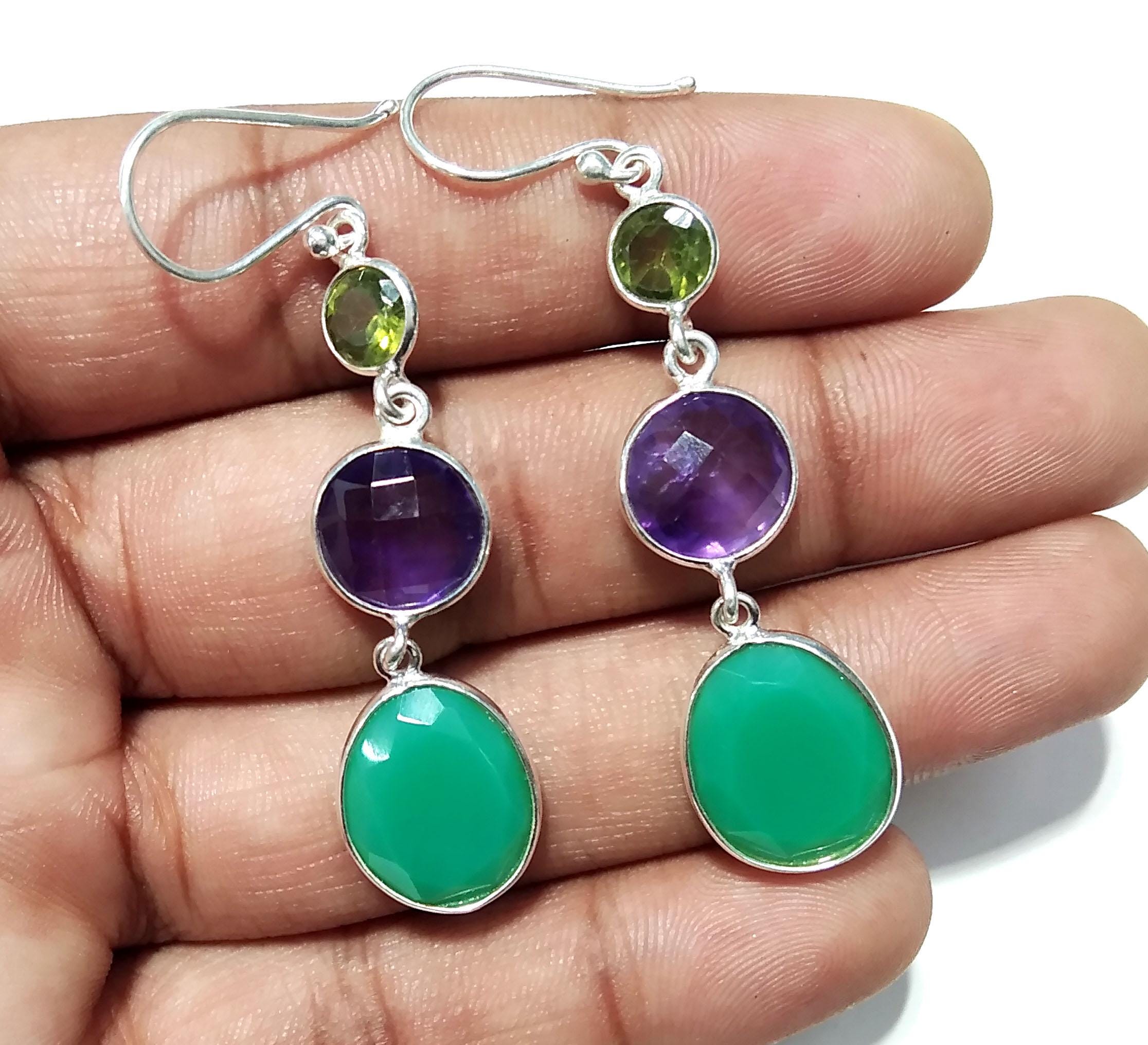 Natural Chrysoprase/Peridot/Amethyst Gemstone Earring, 925 Starling Silver Earring, Chrysoprase/Amethyst Gemstone Earring, For Girls/Women.