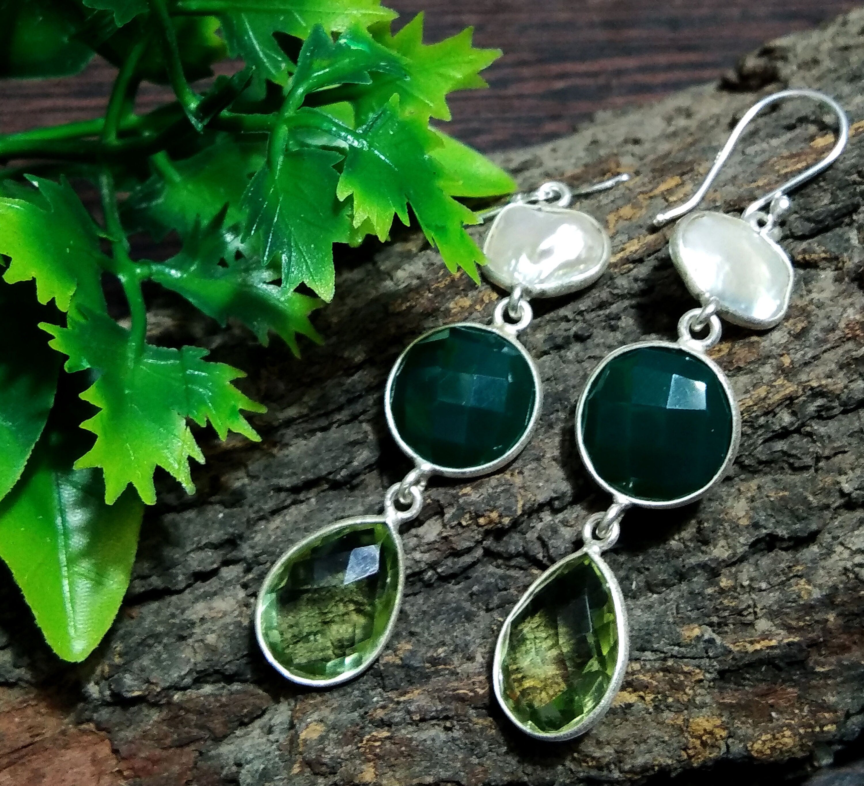 Natural Fresh Water Baroque Pearl/Green Onyx, Amethyst Stone Drop Earring, 925 Solid Starling Silver Earring, Gemstone Gift Birthday Earring