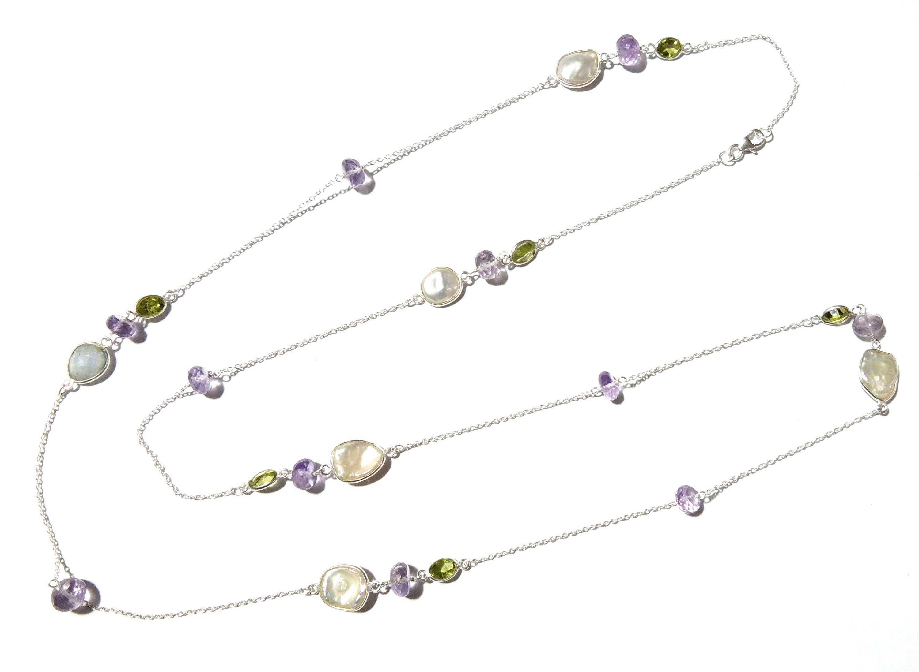 Beaded Log Necklace ! 925 Starling Silver With Natural Gemstone Peridot, Amethyst & Fresh Water Pearl Necklace, Beautiful Necklace For Women
