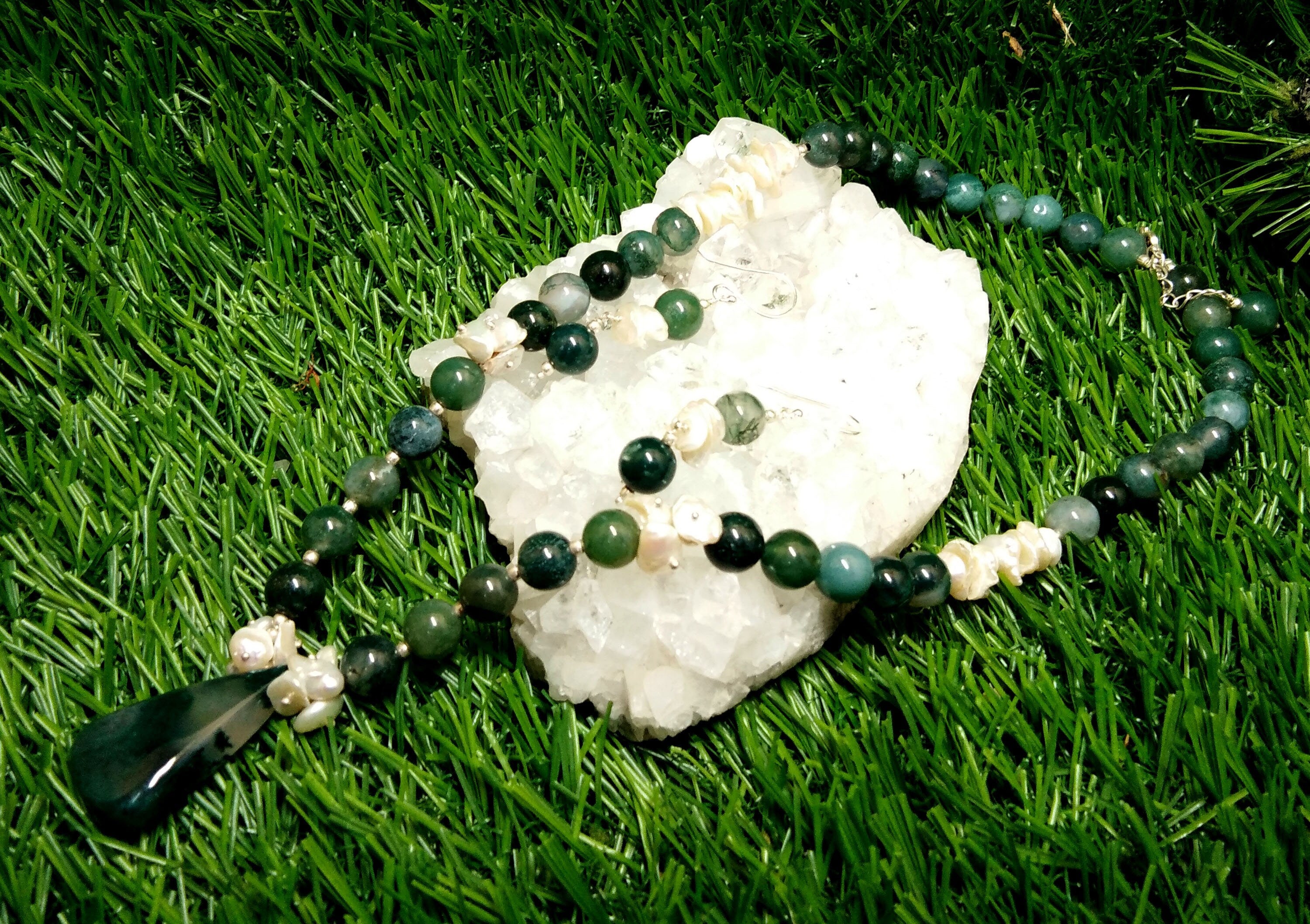 Natural Moss Agate/Pearl Gemstone Beads Necklace Set Jewelry, 925 Sterling Silver Necklace, Beaded Necklace Statement Gift Jewelry