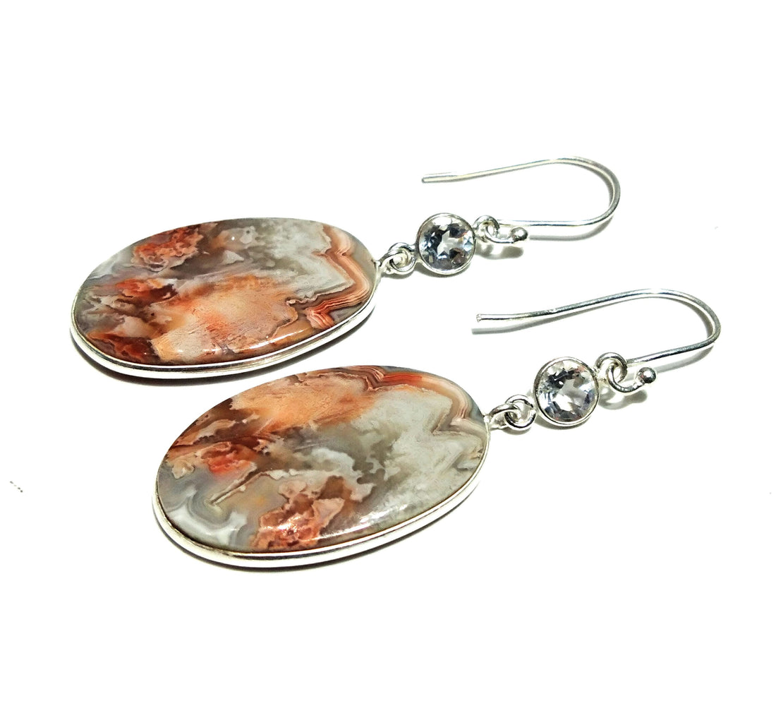 Natural Crazy lace Agate/White Topaz Stone Earring, 925 Solid Starling Silver Earring Oval Shape Stone Size 25x17mm Gift Girls/Women Earring