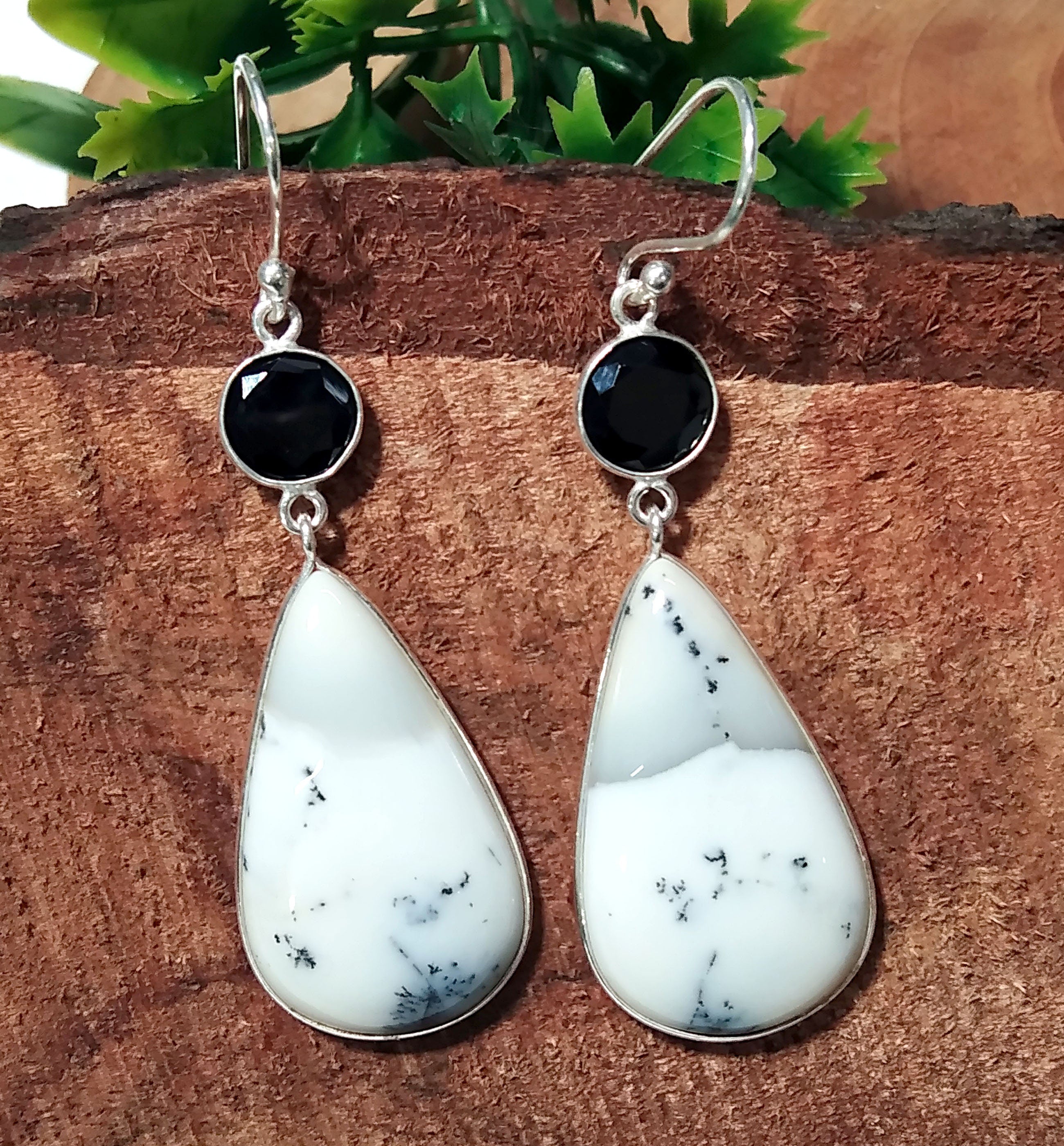 Natural Dendrite Opal,Black Spinel Gemstone Earring, 925 Solid Starling Silver Earring, Opal Stone Size 29x17 mm Gift Dangle Earring Jewelry