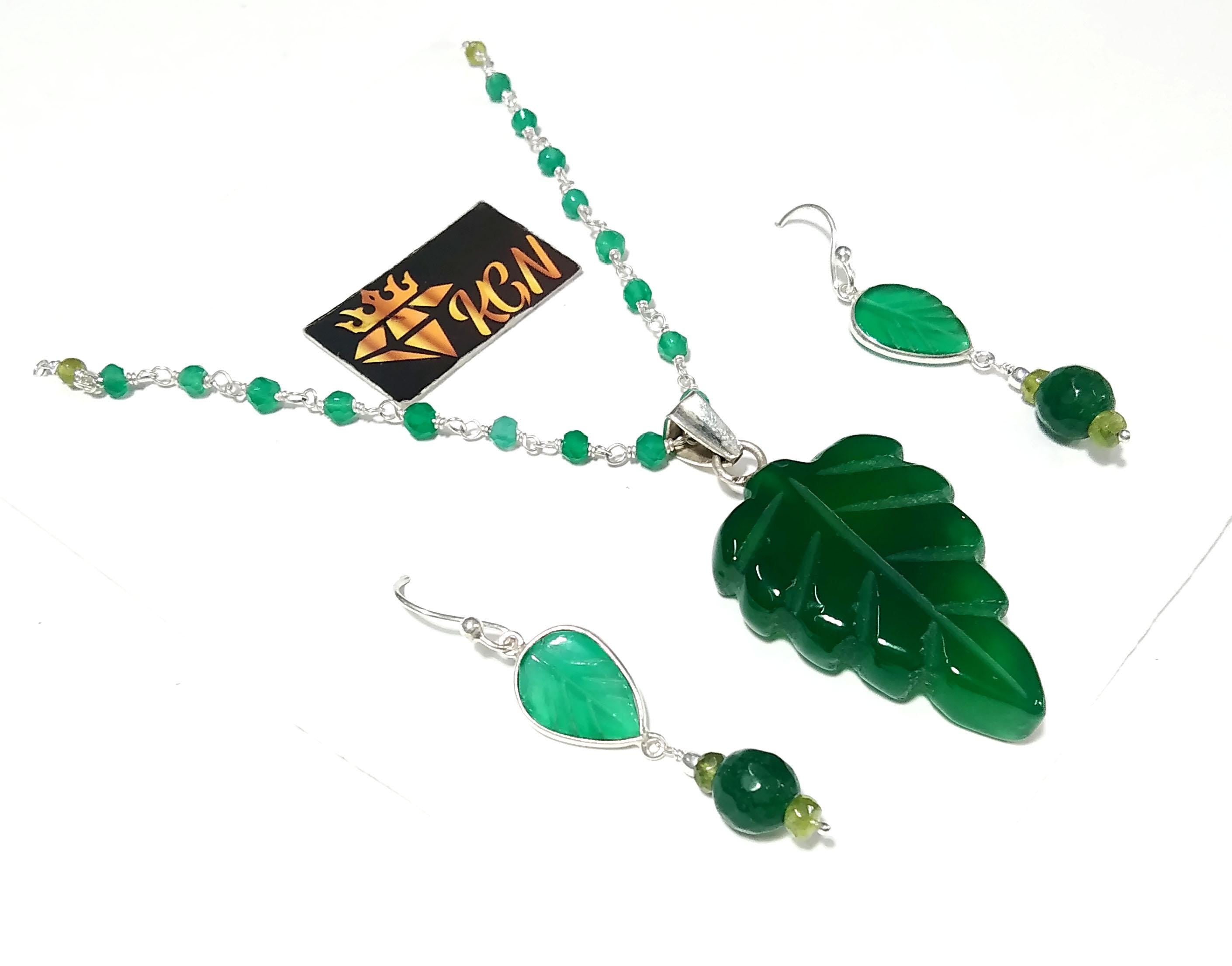 Natural Green Onyx Carving Gemstone Beads Necklace Earring Jewelry Set, 925 Sterling Silver Necklace Beaded Necklace Statement For Jewelry