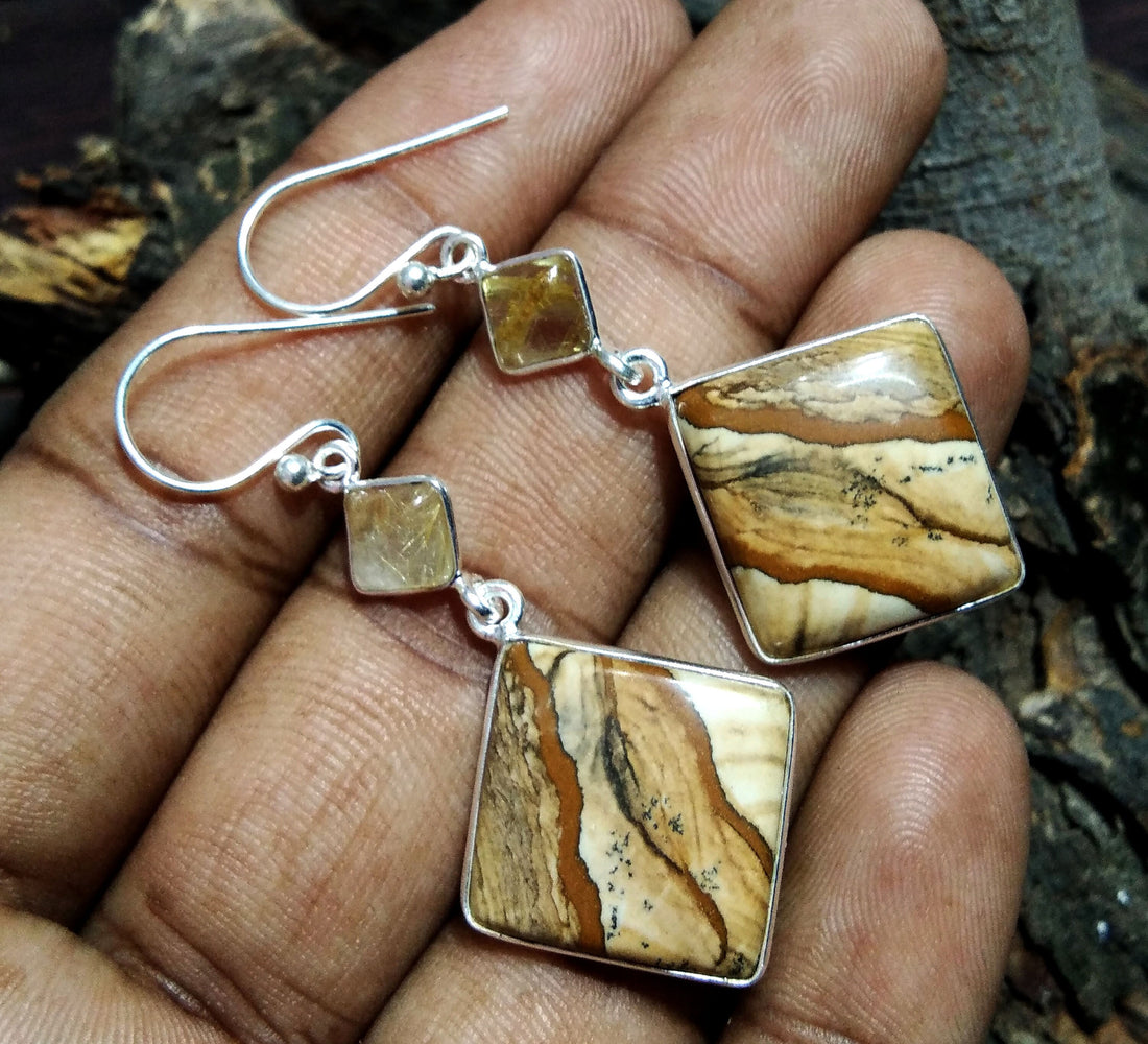 Natural Pitcher Jasper,Golden Rutile Gemstone Drop Earring, 925 Solid Starling Silver Earring, Stone Size 22x22 mm Earrings Women Jewelry