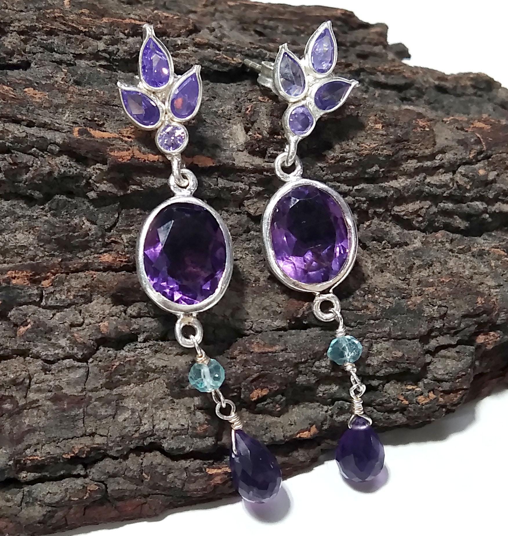 Natural Purple Amethyst, Tanzanite Earrings, 925 Starling Silver Earring, Amethyst Stone Handmade Earring, Gift Women Bridesmaid Earring