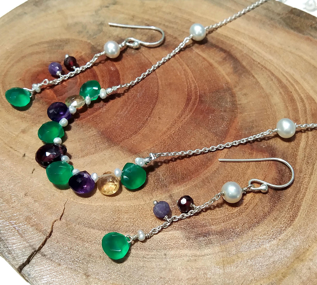 Natural Amethyst /Garnet/Green Onyx Leamon Quartz Necklace Earring Jewelry Set, 925 Sterling Silver Necklace Earrings Jewelry Gift For Her