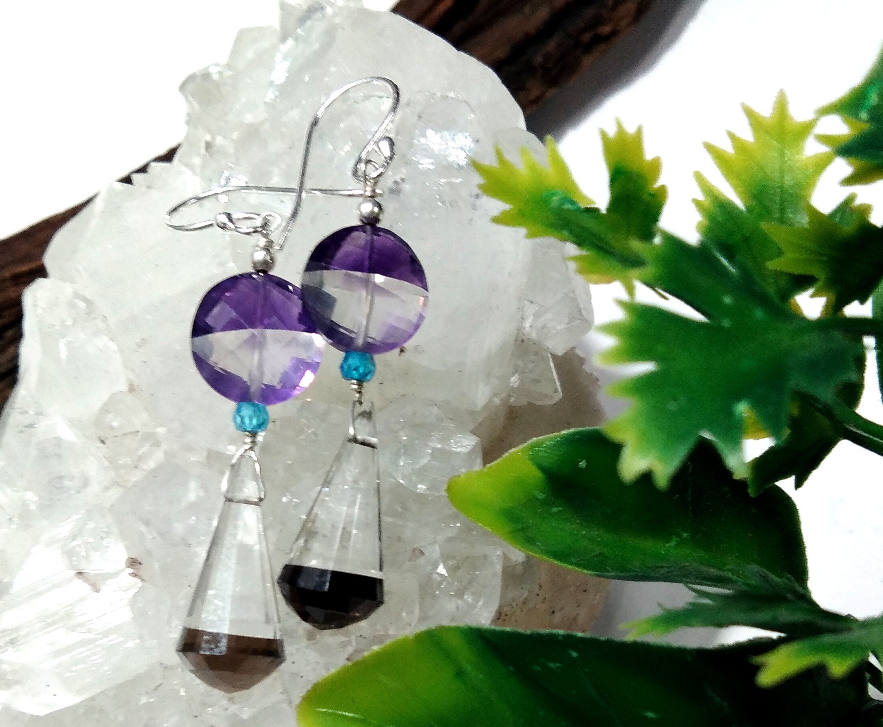 Natural Color Doublet Gemstone Amethyst, Crystal & Smoky Quartz Multi Stone Earrings, With 925 Silver Jewelry For Gifts Girls/Women