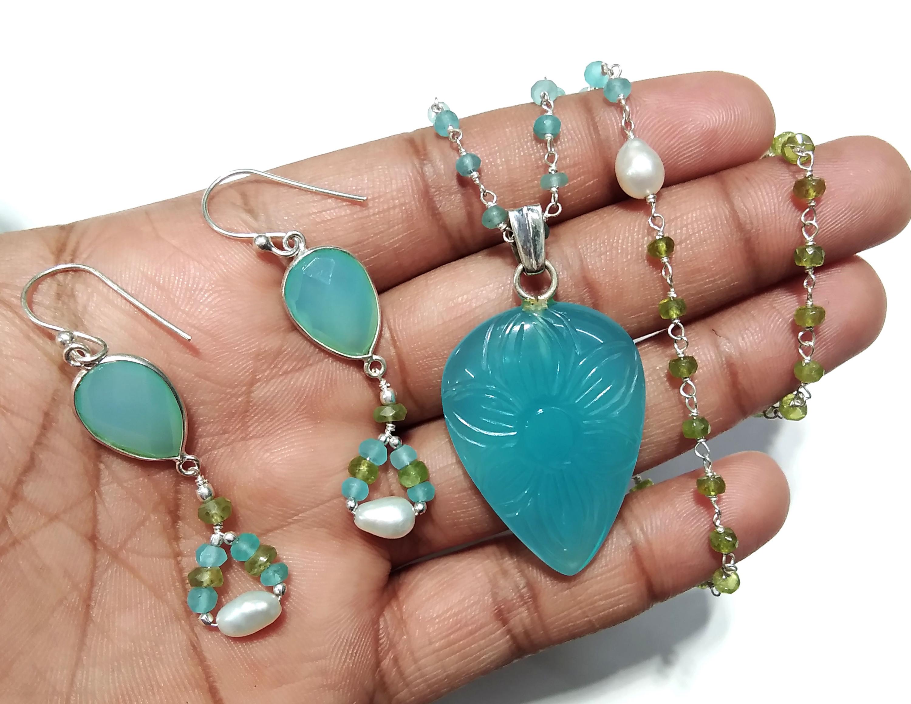 Aqua Calcy Carving Gemstone Earrings And Necklace Jewelry Set, 925 Sterling Silver Jewelry Necklace, Handmade Necklace Gift For Girls/Women