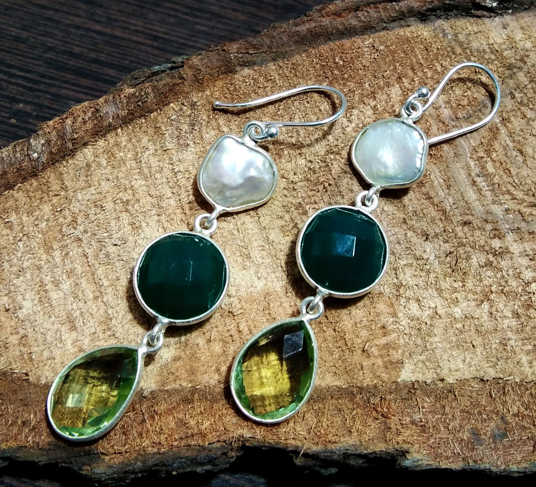 Natural Fresh Water Baroque Pearl/Green Onyx, Amethyst Stone Drop Earring, 925 Solid Starling Silver Earring, Gemstone Gift Birthday Earring