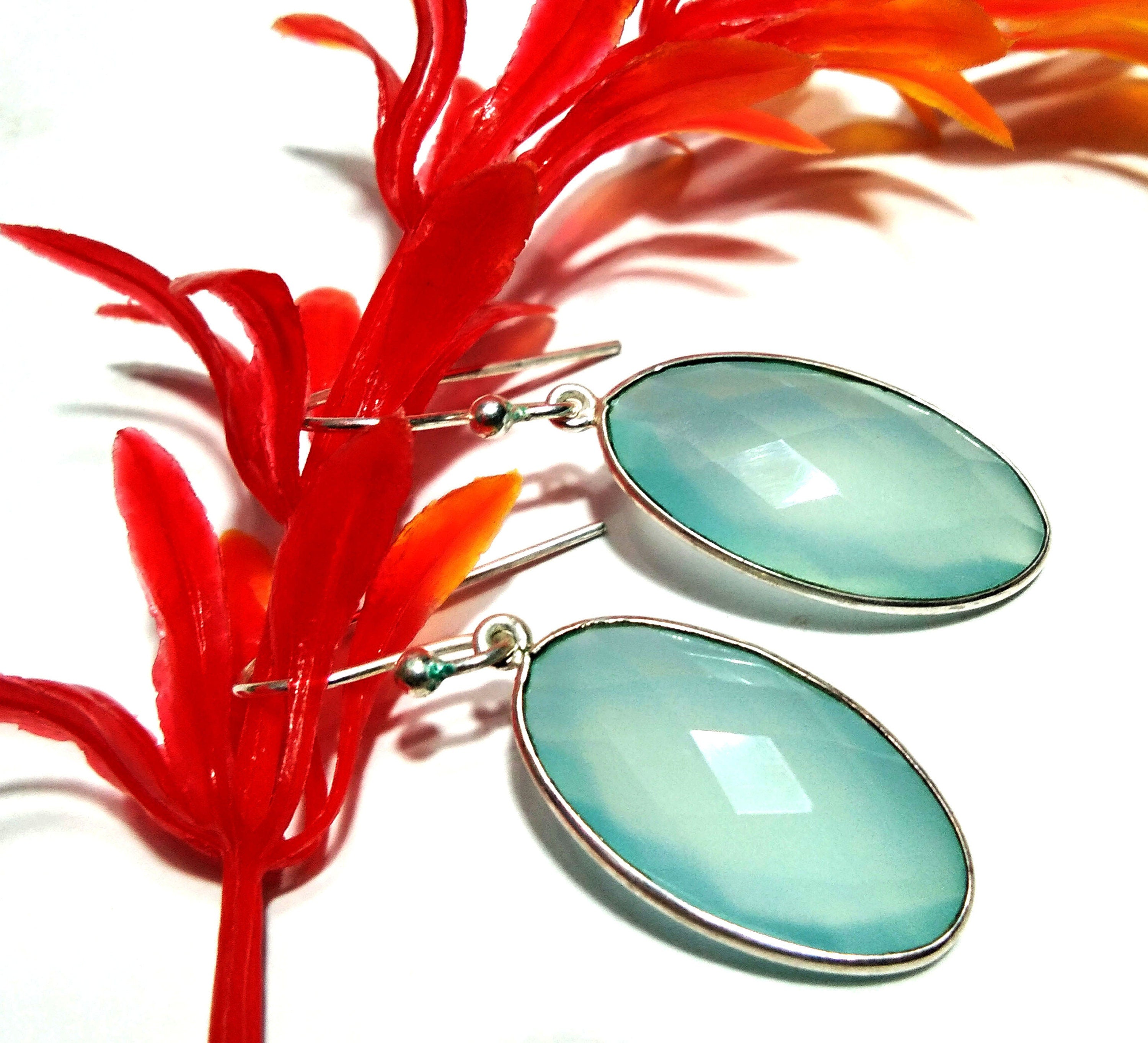 Natural Aqua Chalcedony Stone Earring, 925 Solid Starling Silver Earring, Chalcedony Oval Shape Stone Size 22x12 mm Gift Labor day Earring