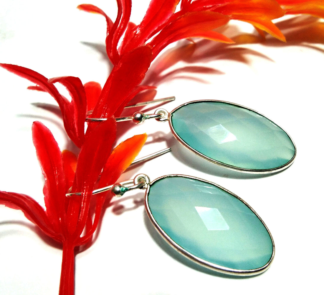 Natural Aqua Chalcedony Stone Earring, 925 Solid Starling Silver Earring, Chalcedony Oval Shape Stone Size 22x12 mm Gift Labor day Earring