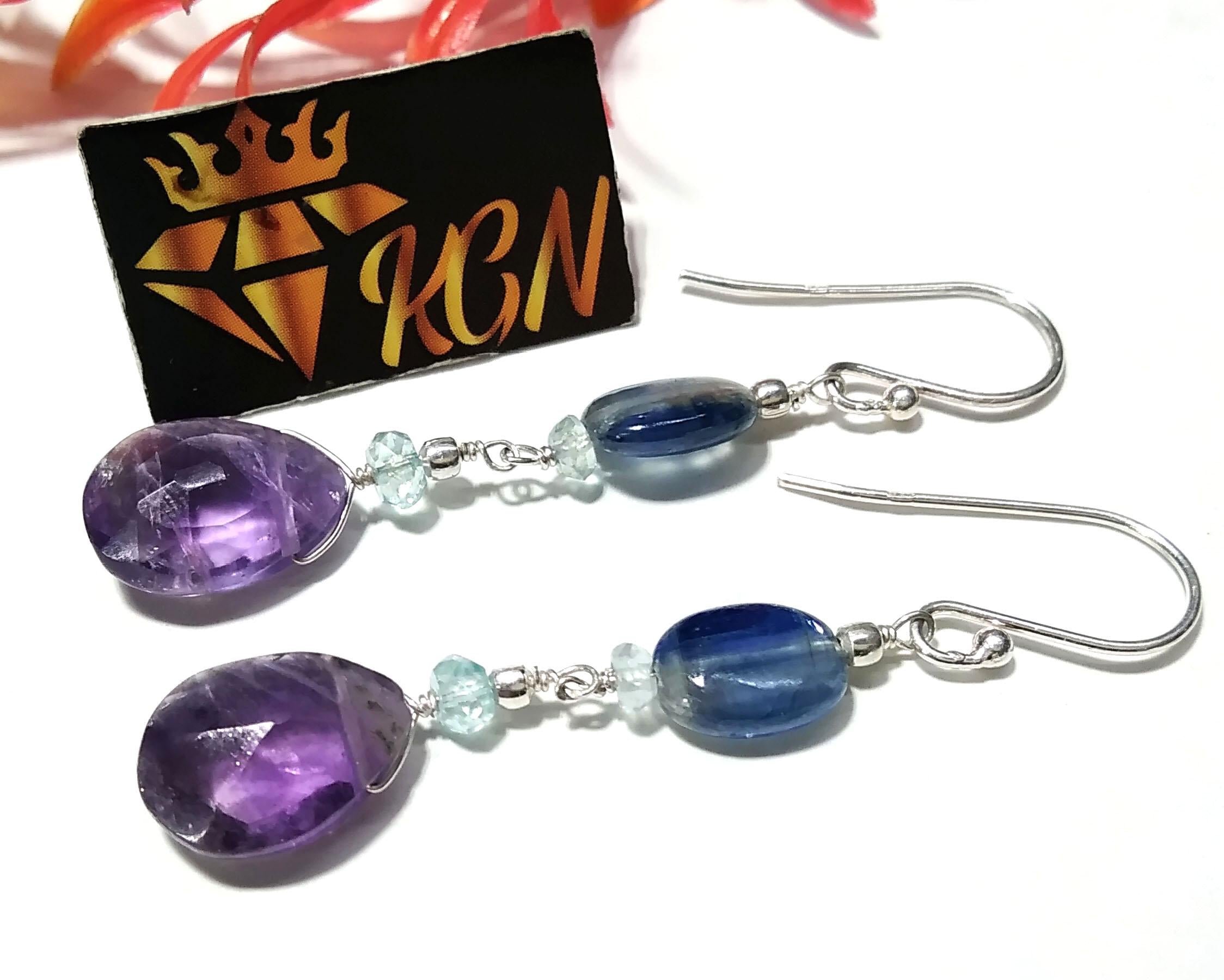 Natural Kyanite/Amethyst Earrings, 925 Solid Starling Silver Earring, Amethyst Stone Handmade Earring, Gift Women Bridesmaid Earring Stone