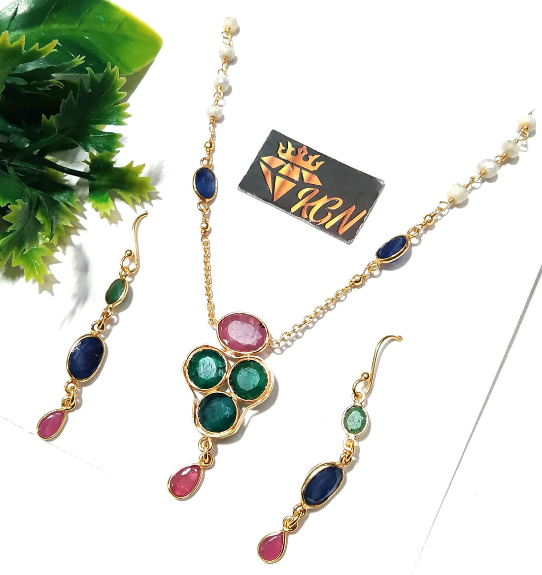 Natural Emerald/Red Ruby/Tanzanite Gemstone Necklace Earring Jewelry Set, 925 Sterling Silver With Gold Plated Necklace Beads Necklace Set