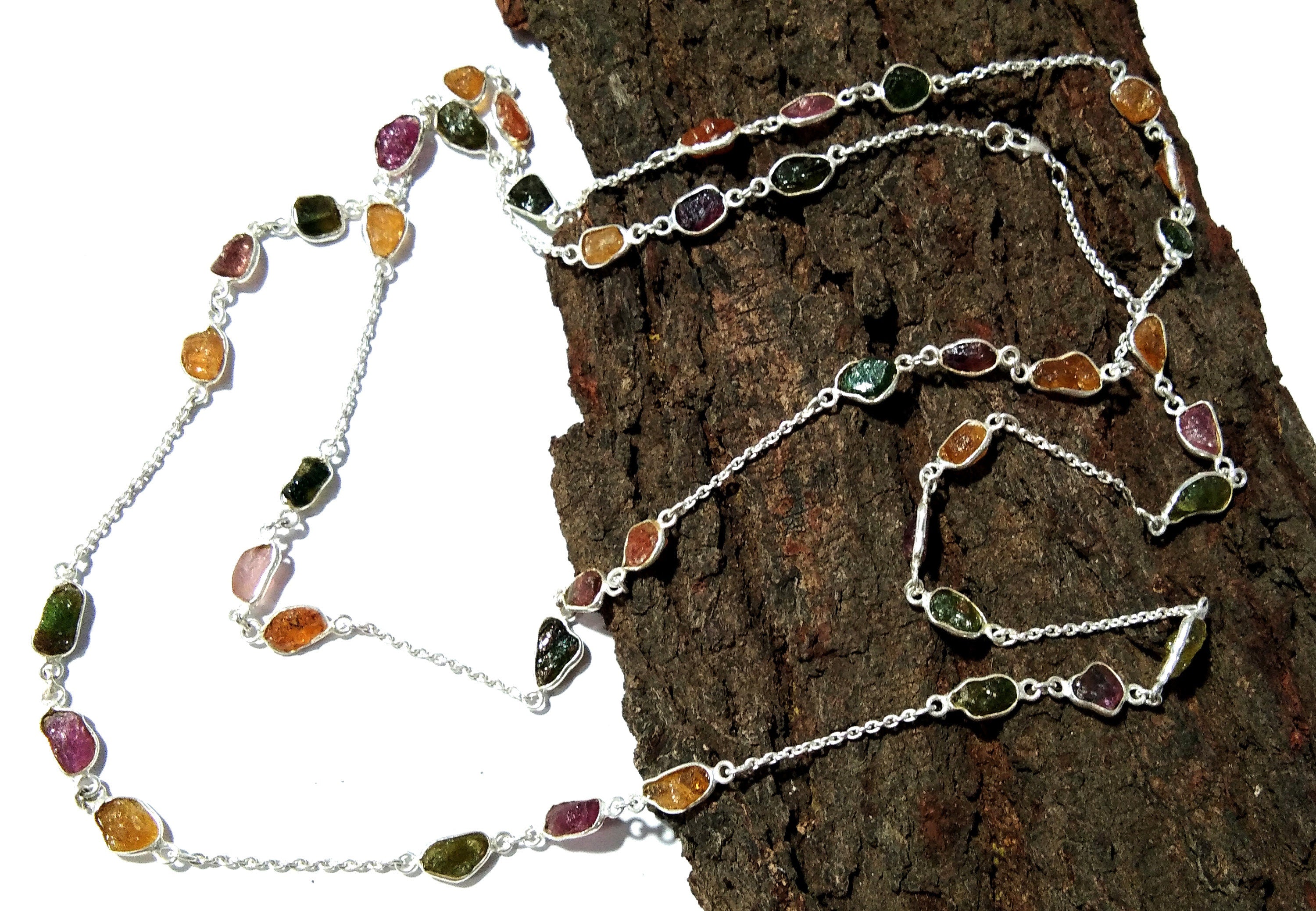 Beautiful Natural Gemstone Multi Color Tourmaline Rough Log Chen Necklace For Girls & Woman, 925 Starling Silver Log Necklace Length 44 inch